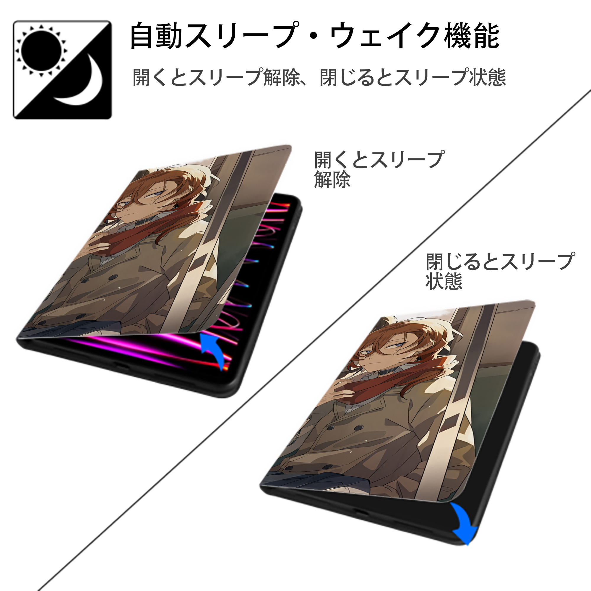文豪ストレイドッグス Bungo Stray Dogs IPad ケース ブック型 PUレザー TPU 耐衝撃 軽量 薄型 ペン収納なし 全面保護 IPad 各モデル対応