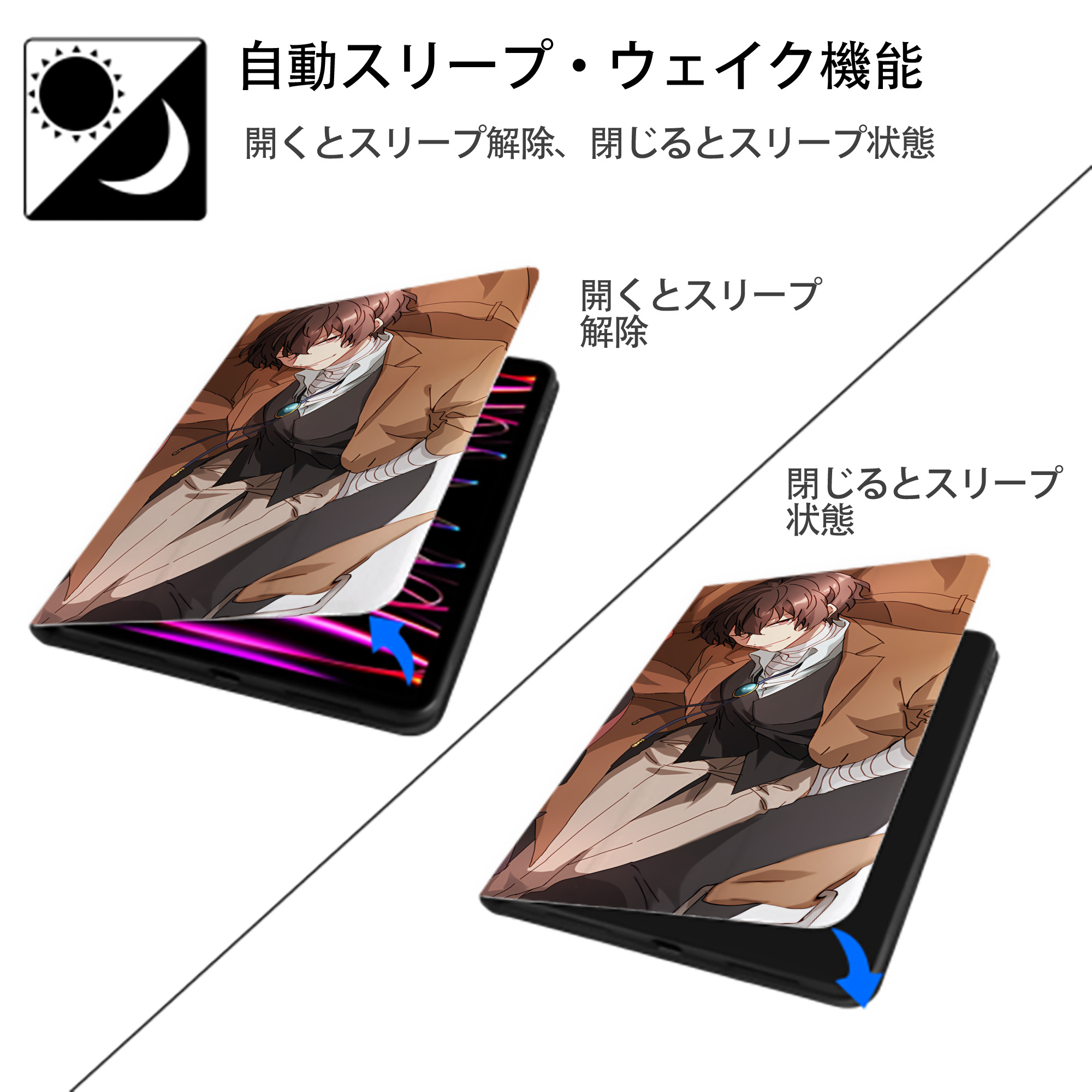文豪ストレイドッグス Bungo Stray Dogs IPad ケース ブック型 PUレザー TPU 耐衝撃 軽量 薄型 ペン収納なし 全面保護 IPad 各モデル対応