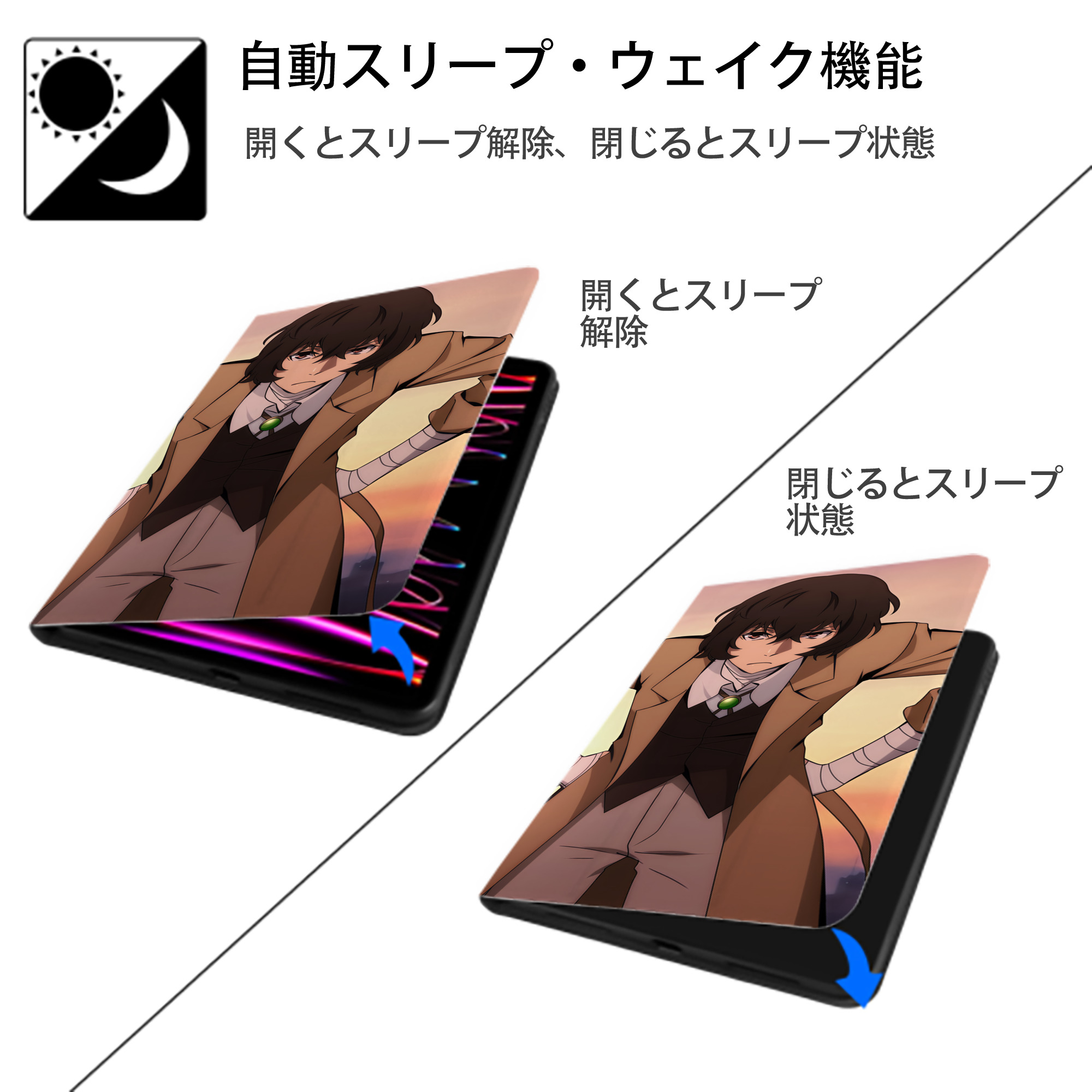 文豪ストレイドッグス Bungo Stray Dogs IPad ケース ブック型 PUレザー TPU 耐衝撃 軽量 薄型 ペン収納なし 全面保護 IPad 各モデル対応