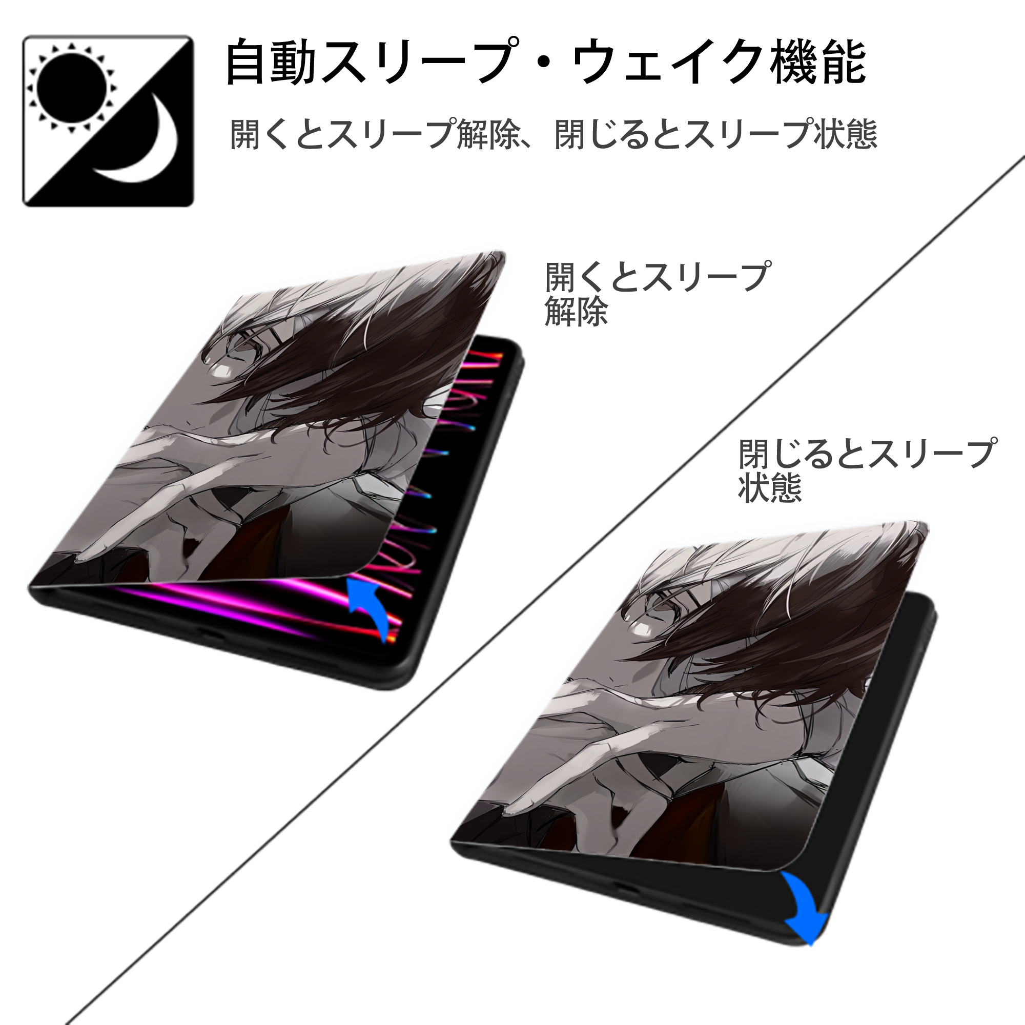 文豪ストレイドッグス Bungo Stray Dogs IPad ケース ブック型 PUレザー TPU 耐衝撃 軽量 薄型 ペン収納なし 全面保護 IPad 各モデル対応