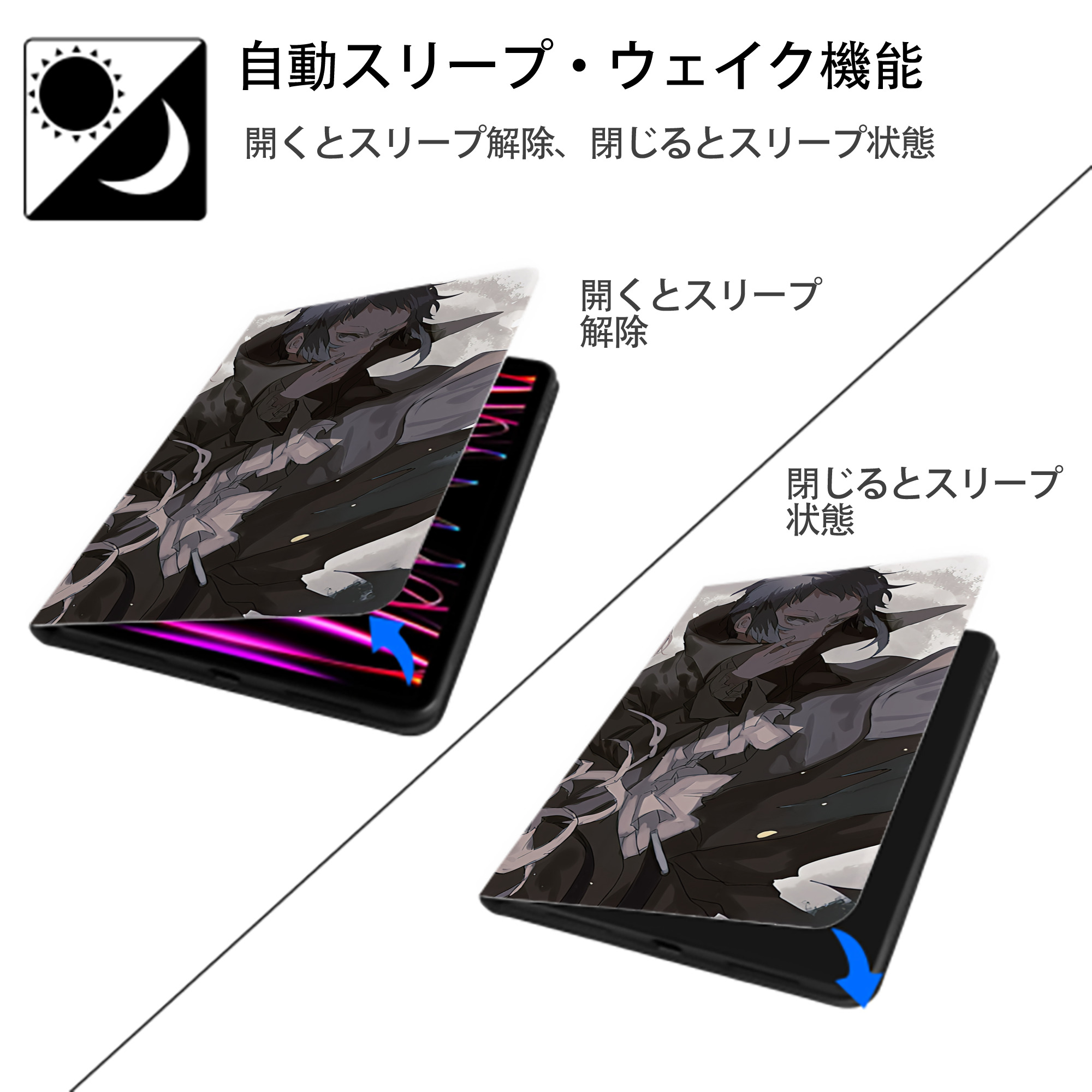 文豪ストレイドッグス Bungo Stray Dogs IPad ケース ブック型 PUレザー TPU 耐衝撃 軽量 薄型 ペン収納なし 全面保護 IPad 各モデル対応