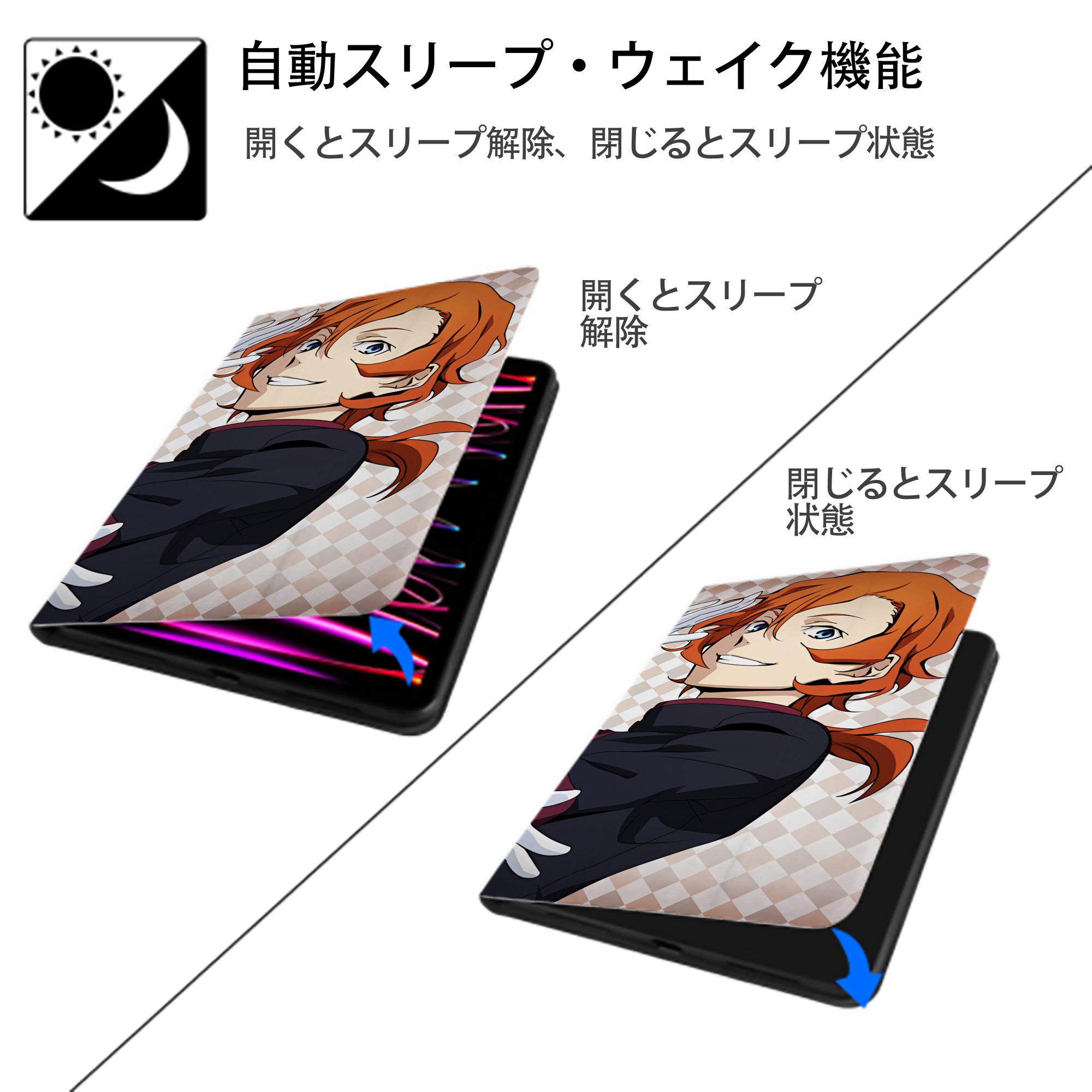 文豪ストレイドッグス Bungo Stray Dogs IPad ケース ブック型 PUレザー TPU 耐衝撃 軽量 薄型 ペン収納なし 全面保護 IPad 各モデル対応