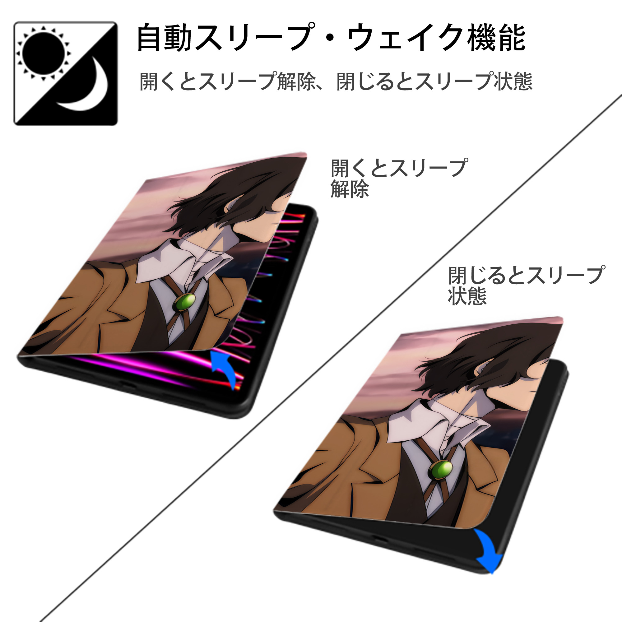 文豪ストレイドッグス Bungo Stray Dogs IPad ケース ブック型 PUレザー TPU 耐衝撃 軽量 薄型 ペン収納なし 全面保護 IPad 各モデル対応