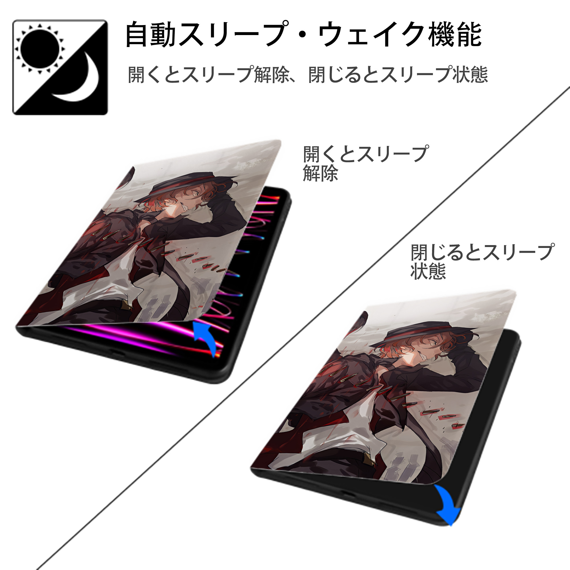 文豪ストレイドッグス Bungo Stray Dogs IPad ケース ブック型 PUレザー TPU 耐衝撃 軽量 薄型 ペン収納なし 全面保護 IPad 各モデル対応