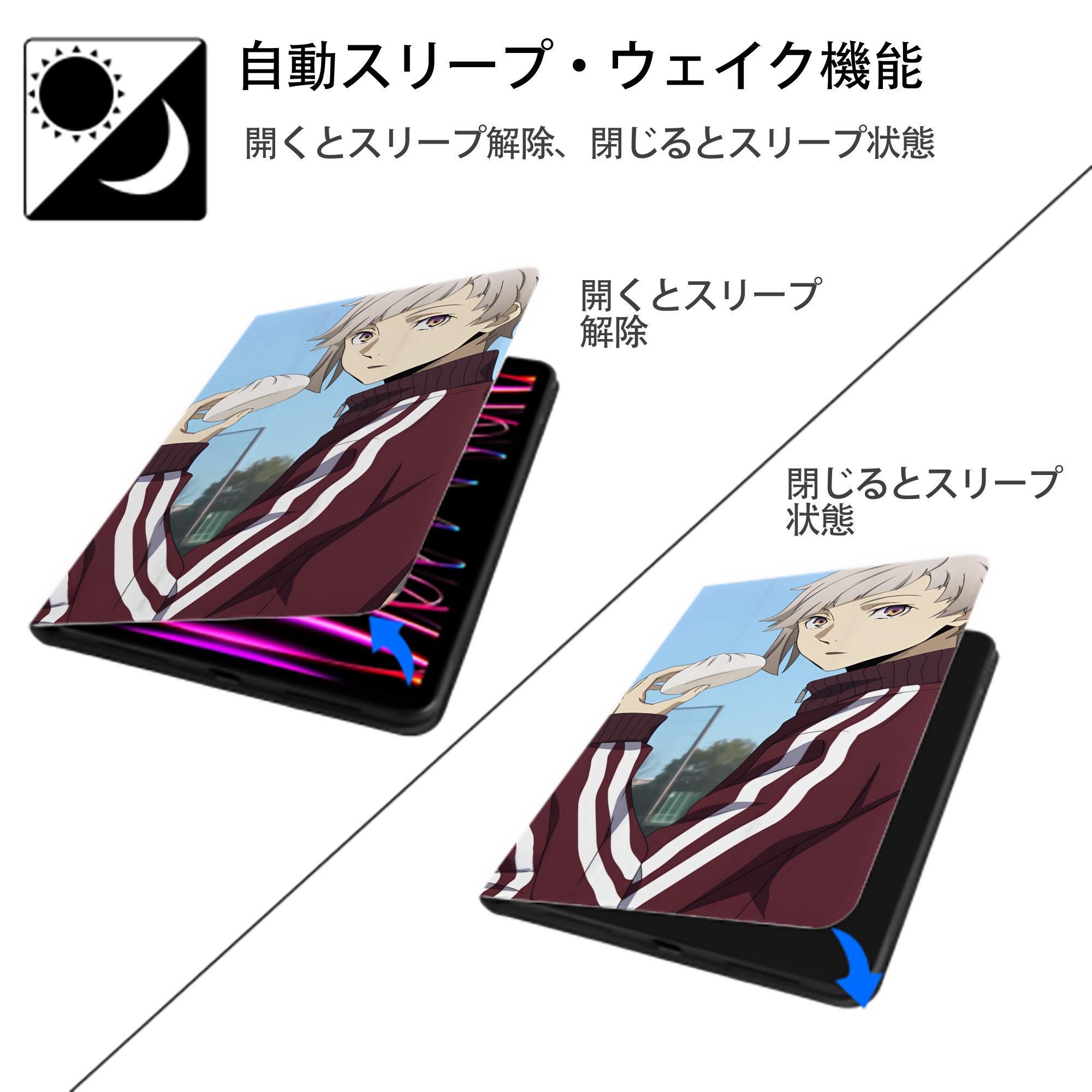 文豪ストレイドッグス Bungo Stray Dogs IPad ケース ブック型 PUレザー TPU 耐衝撃 軽量 薄型 ペン収納なし 全面保護 IPad 各モデル対応
