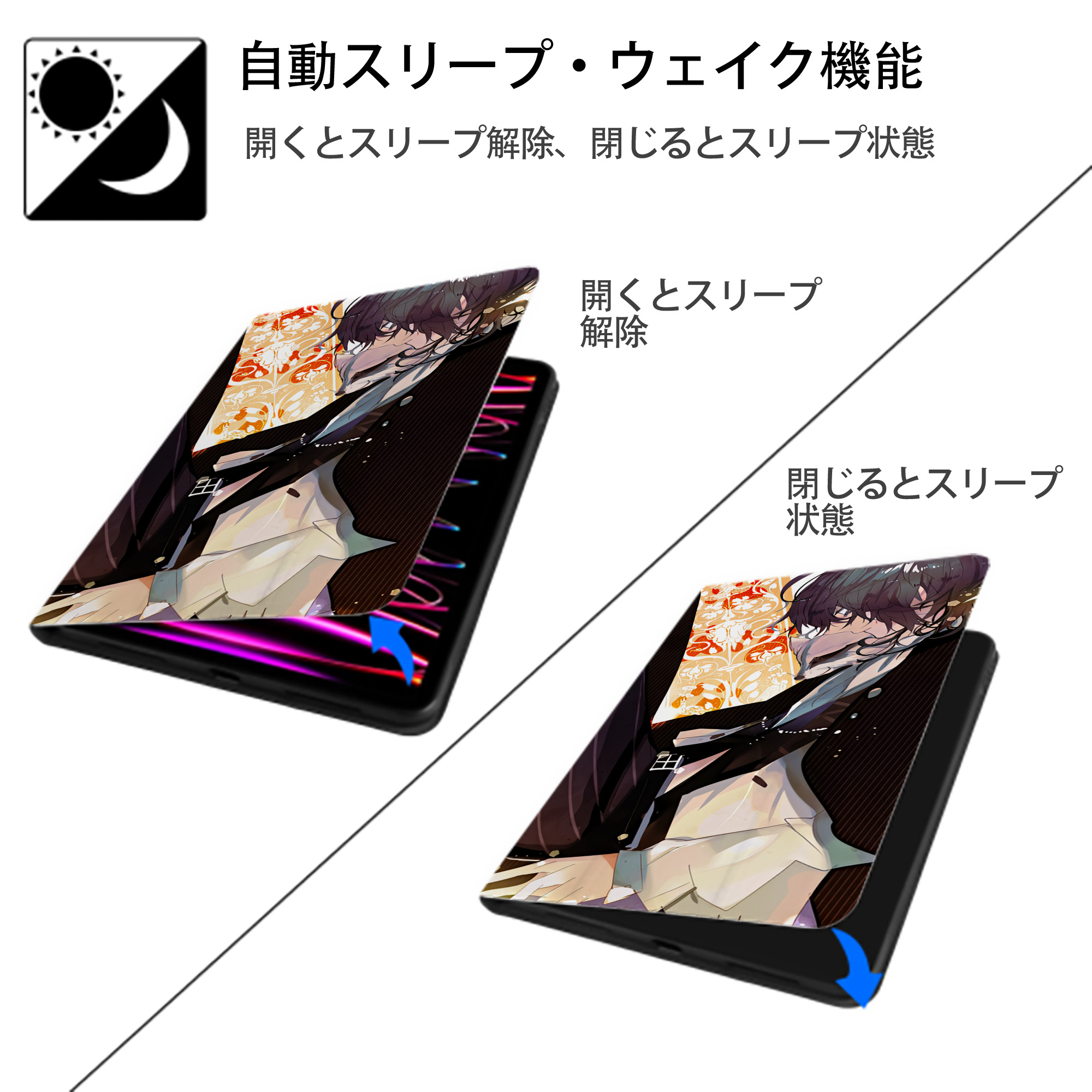 文豪ストレイドッグス Bungo Stray Dogs IPad ケース ブック型 PUレザー TPU 耐衝撃 軽量 薄型 ペン収納なし 全面保護 IPad 各モデル対応
