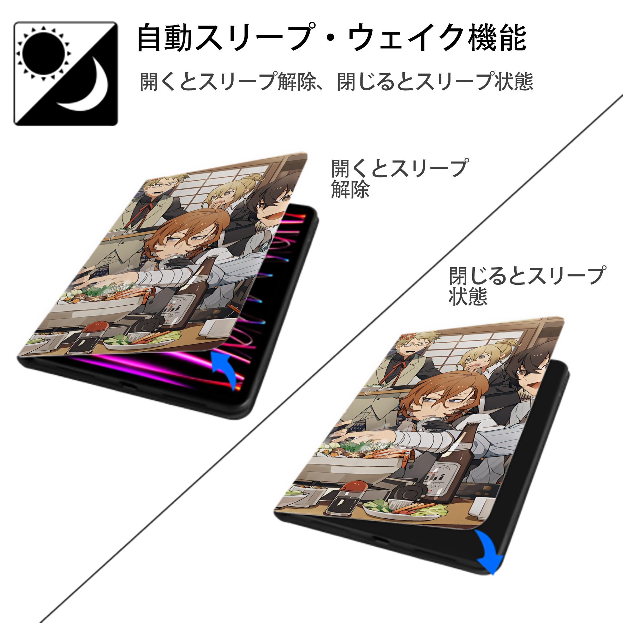 文豪ストレイドッグス Bungo Stray Dogs IPad ケース ブック型 PUレザー TPU 耐衝撃 軽量 薄型 ペン収納なし 全面保護 IPad 各モデル対応