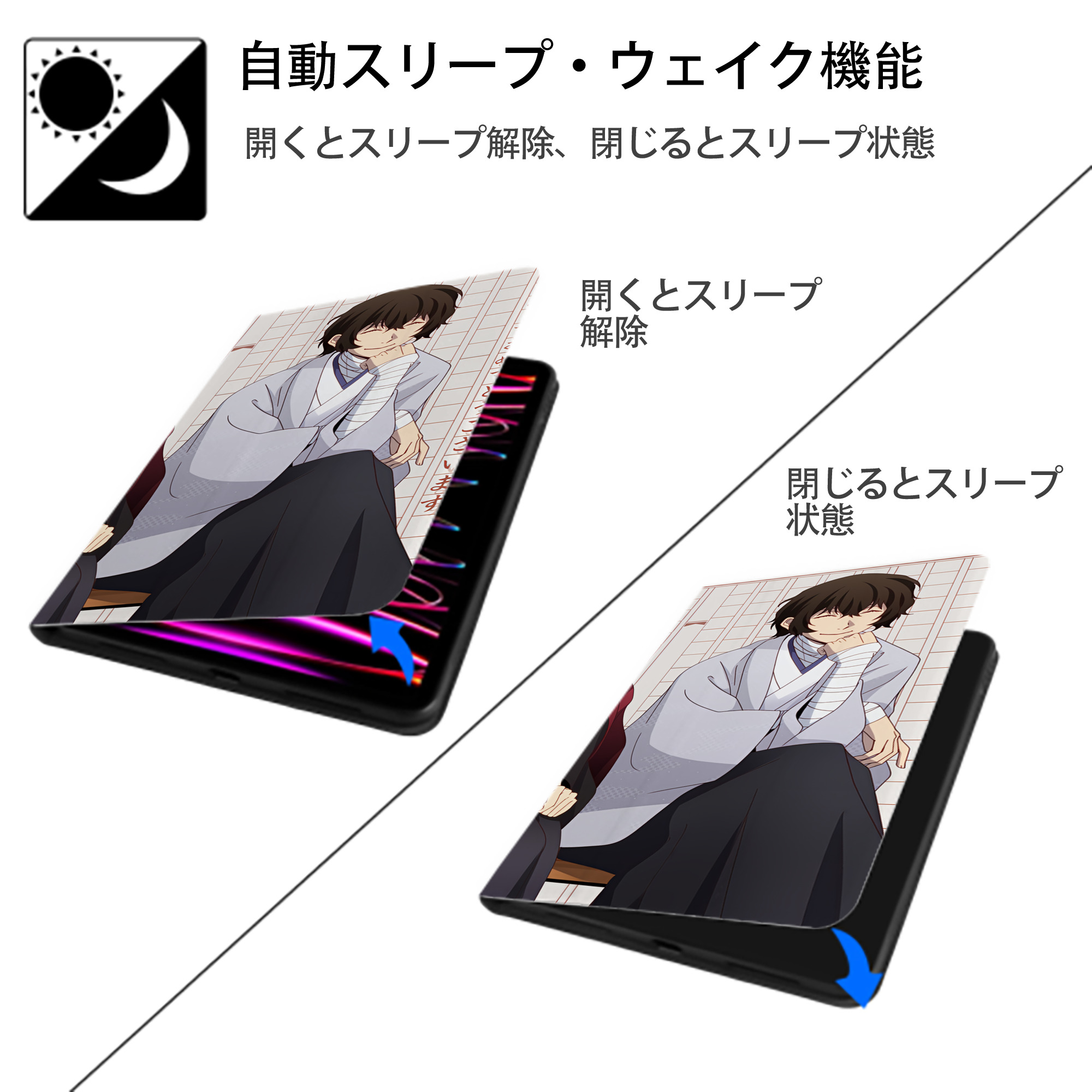 文豪ストレイドッグス Bungo Stray Dogs IPad ケース ブック型 PUレザー TPU 耐衝撃 軽量 薄型 ペン収納なし 全面保護 IPad 各モデル対応