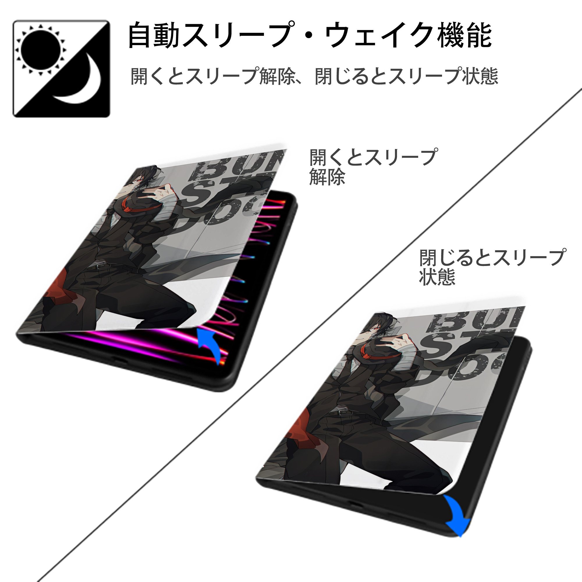文豪ストレイドッグス Bungo Stray Dogs IPad ケース ブック型 PUレザー TPU 耐衝撃 軽量 薄型 ペン収納なし 全面保護 IPad 各モデル対応