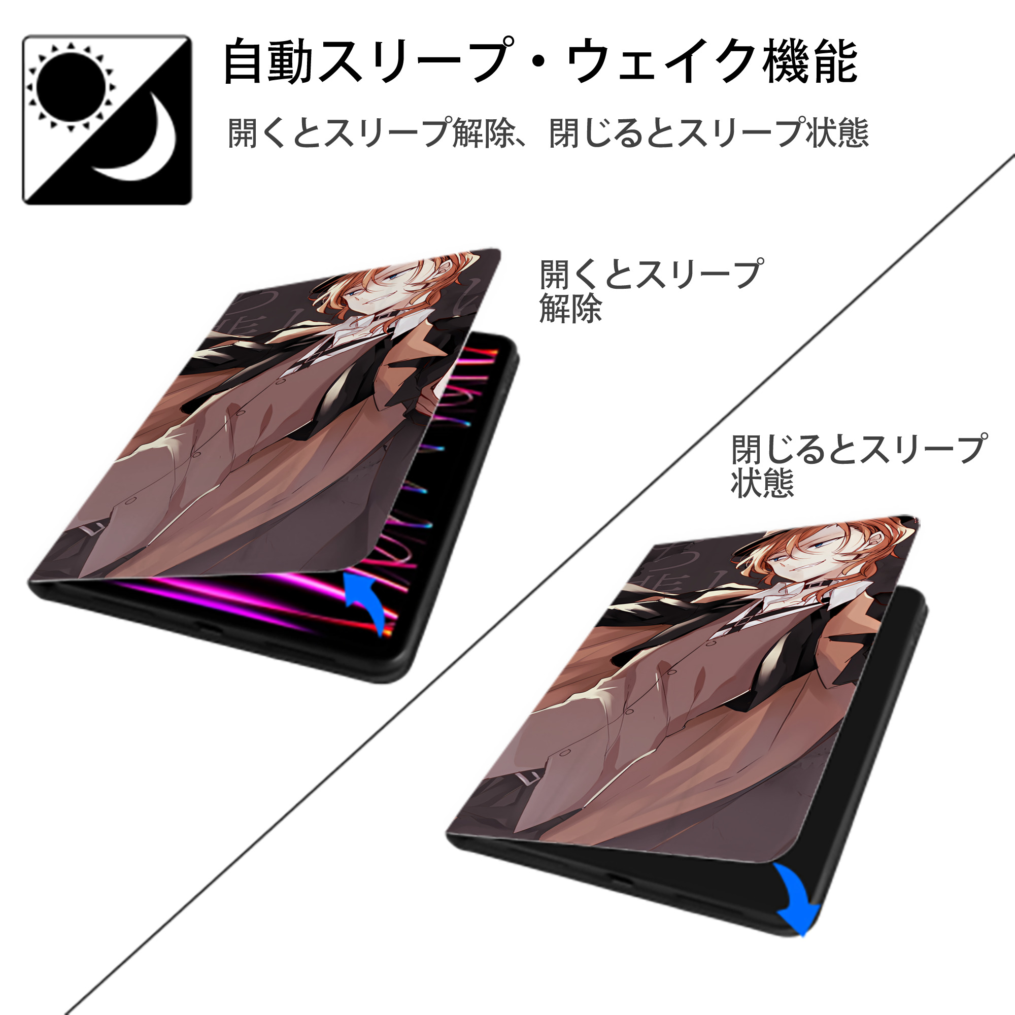 文豪ストレイドッグス Bungo Stray Dogs IPad ケース ブック型 PUレザー TPU 耐衝撃 軽量 薄型 ペン収納なし 全面保護 IPad 各モデル対応