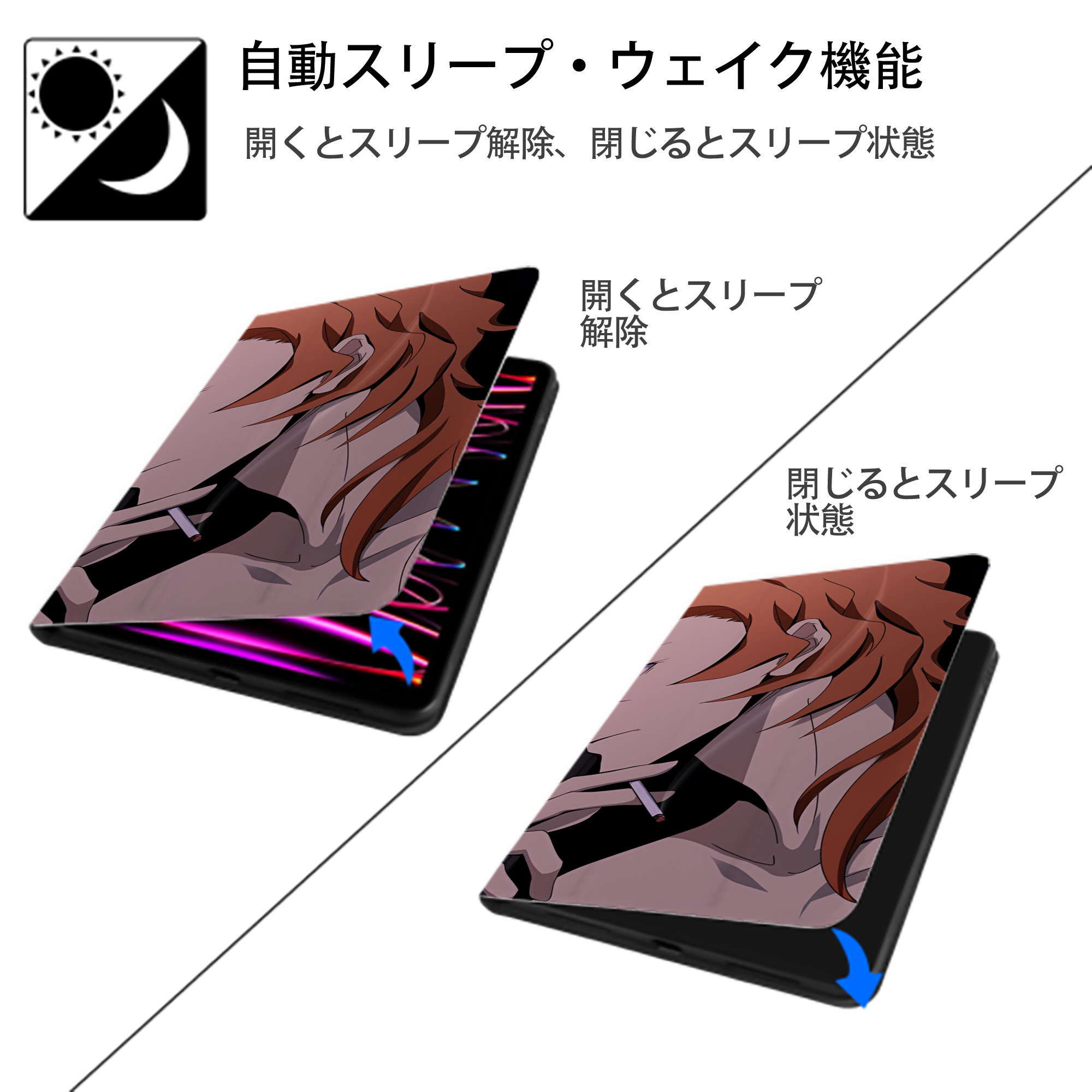 文豪ストレイドッグス Bungo Stray Dogs IPad ケース ブック型 PUレザー TPU 耐衝撃 軽量 薄型 ペン収納なし 全面保護 IPad 各モデル対応
