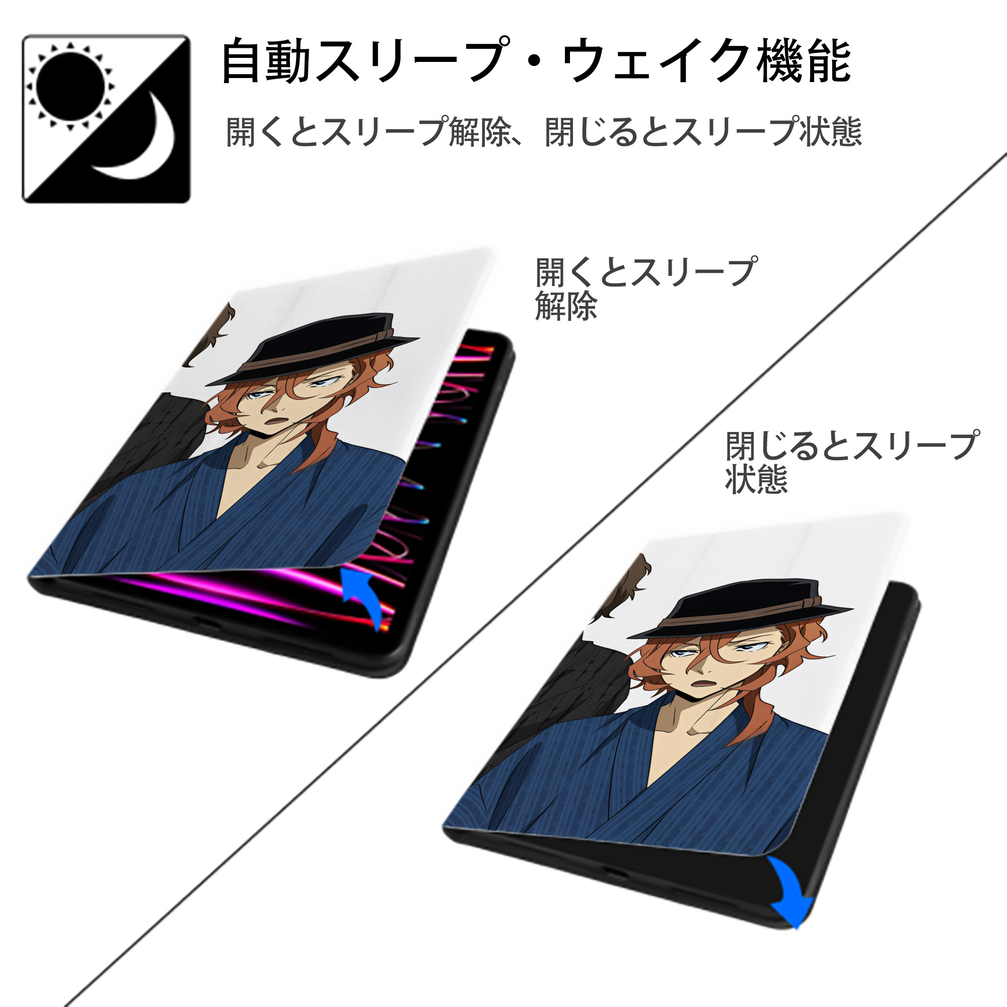 文豪ストレイドッグス Bungo Stray Dogs IPad ケース ブック型 PUレザー TPU 耐衝撃 軽量 薄型 ペン収納なし 全面保護 IPad 各モデル対応