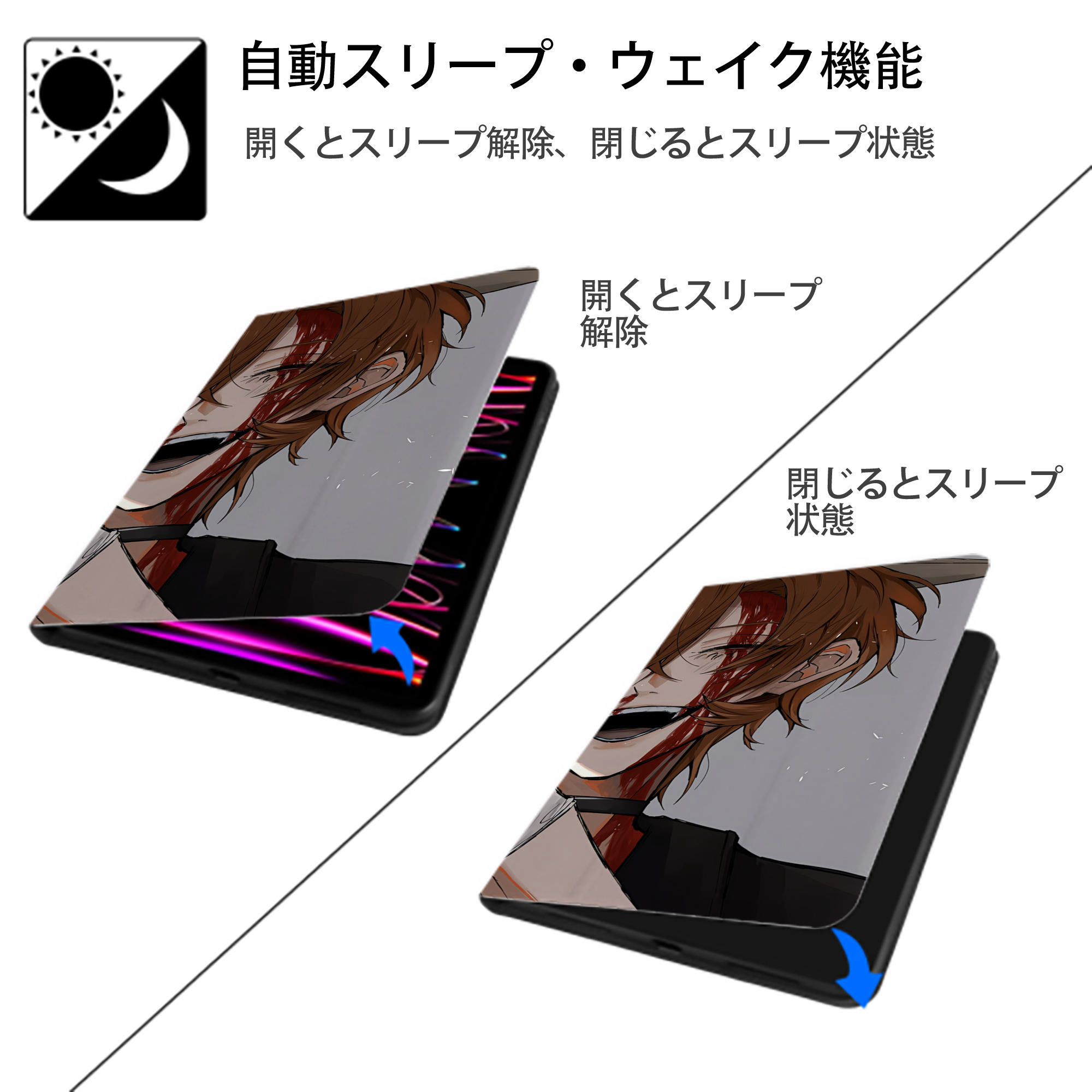 文豪ストレイドッグス Bungo Stray Dogs IPad ケース ブック型 PUレザー TPU 耐衝撃 軽量 薄型 ペン収納なし 全面保護 IPad 各モデル対応