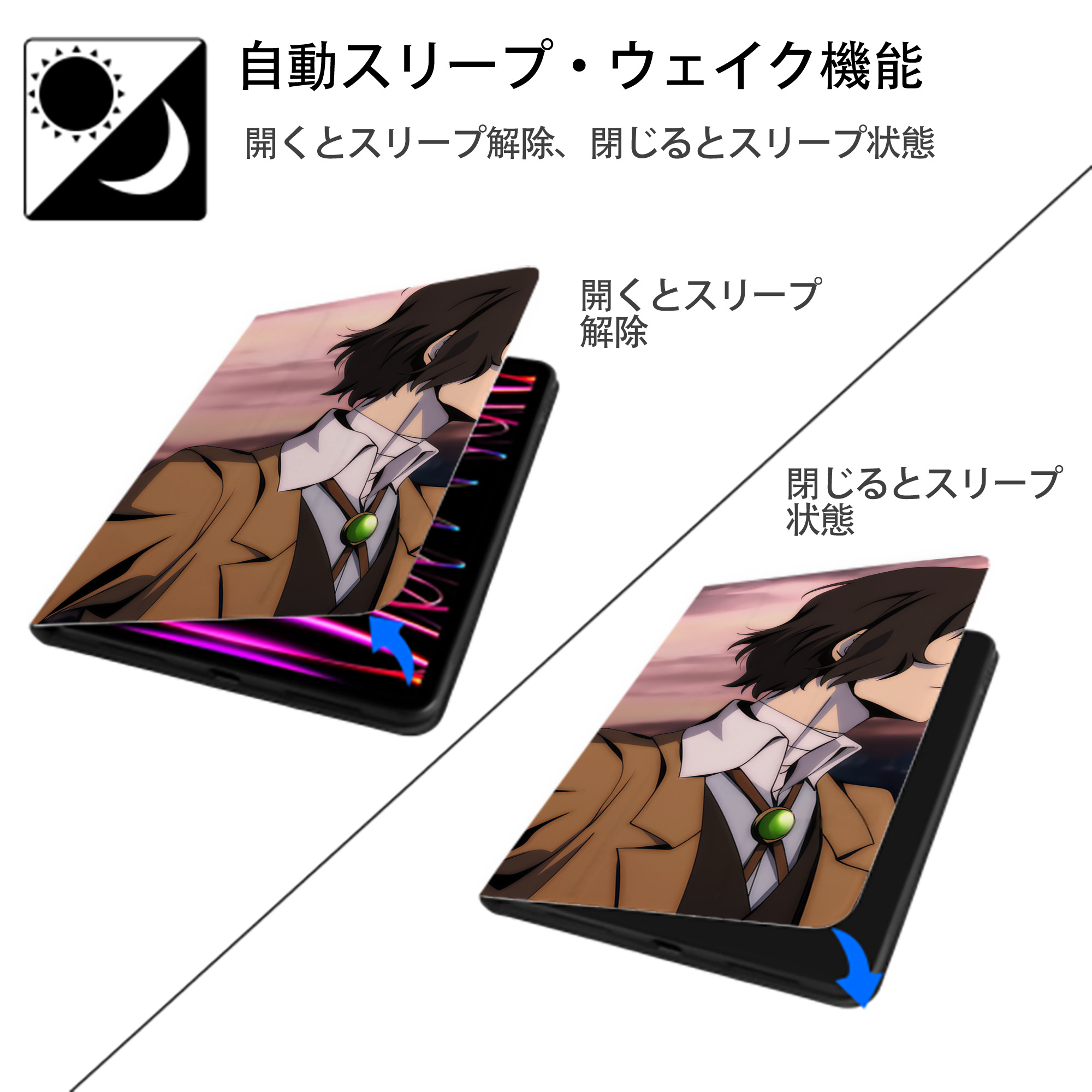 文豪ストレイドッグス Bungo Stray Dogs IPadケース ペンホルダー付き ブックスタイルデザイン