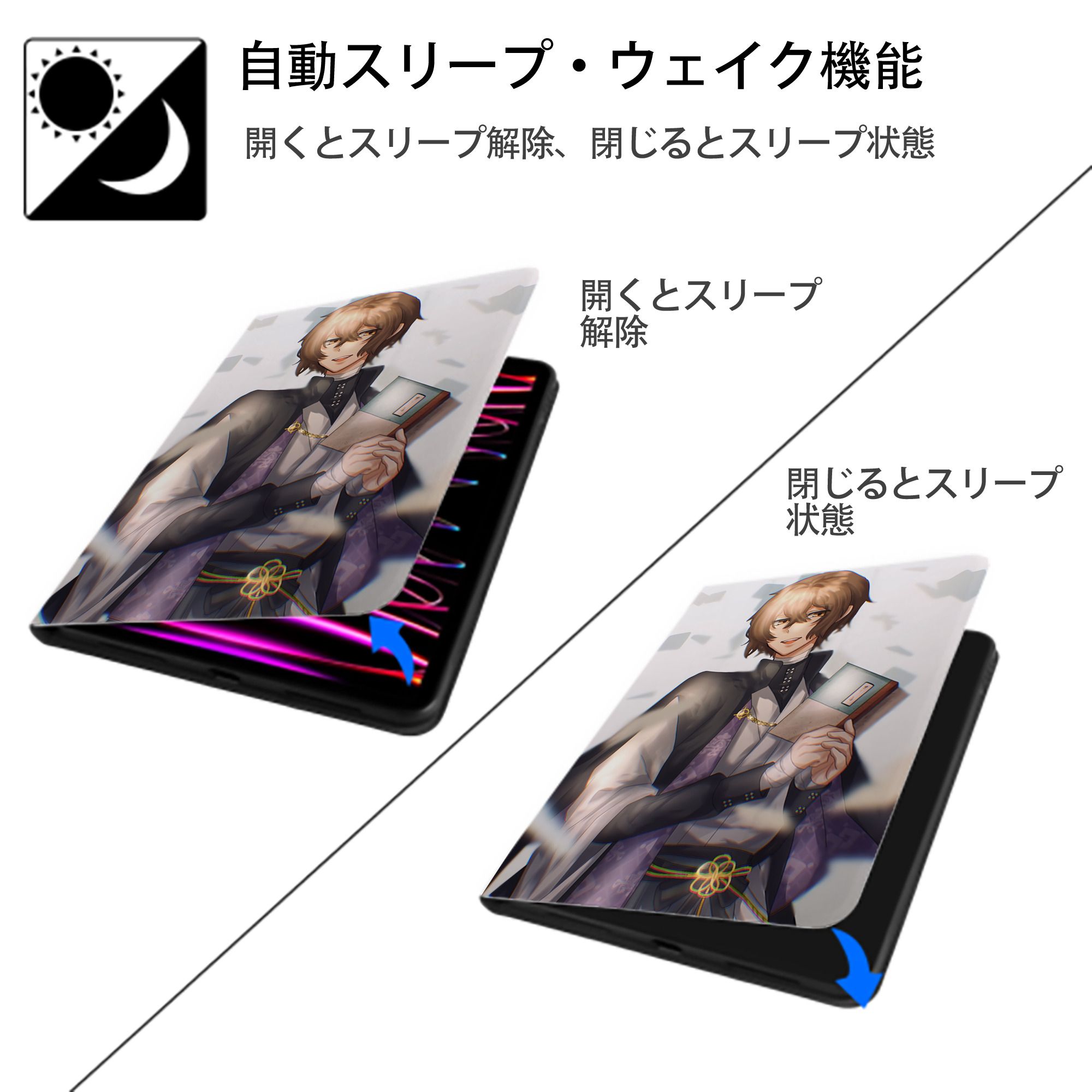 文豪ストレイドッグス Bungo Stray Dogs IPad ケース ペン収納付き 三つ折りスタンド PUレザー×シリコン 対応機種9.5/10.5/10.9インチ