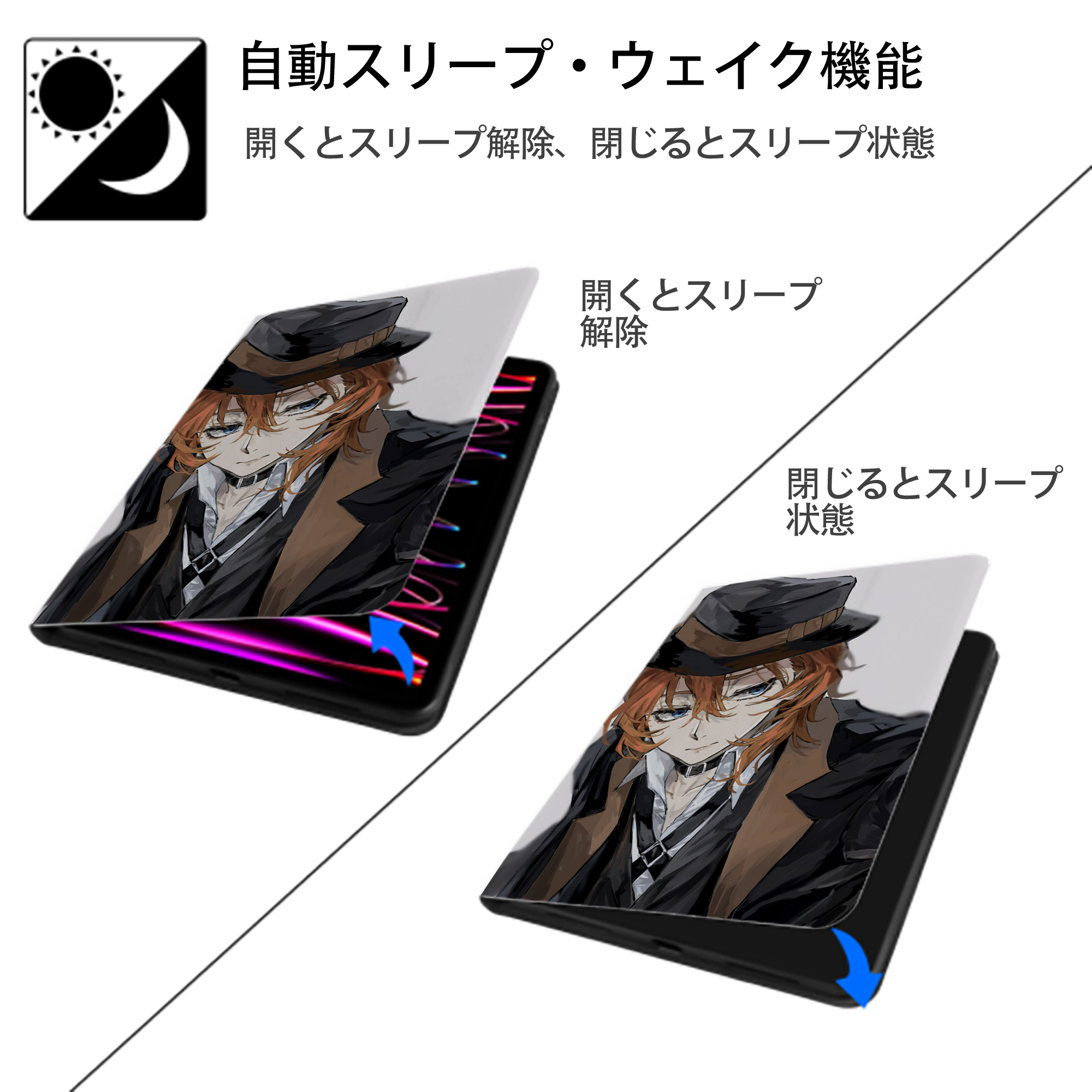文豪ストレイドッグス Bungo Stray Dogs IPad ケース ペン収納付き 三つ折りスタンド PUレザー×シリコン 対応機種9.5/10.5/10.9インチ