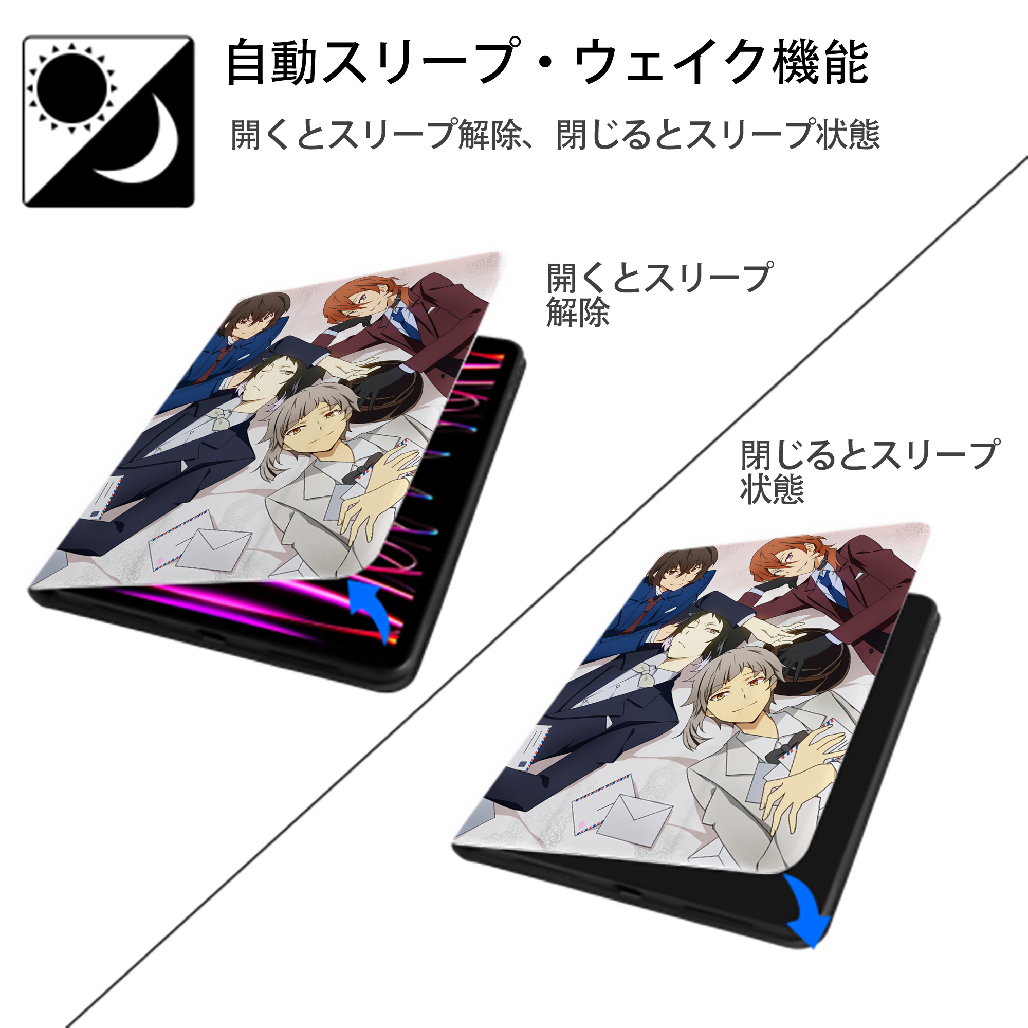 文豪ストレイドッグス Bungo Stray Dogs IPad ケース ペン収納付き 三つ折りスタンド PUレザー×シリコン 対応機種9.5/10.5/10.9インチ