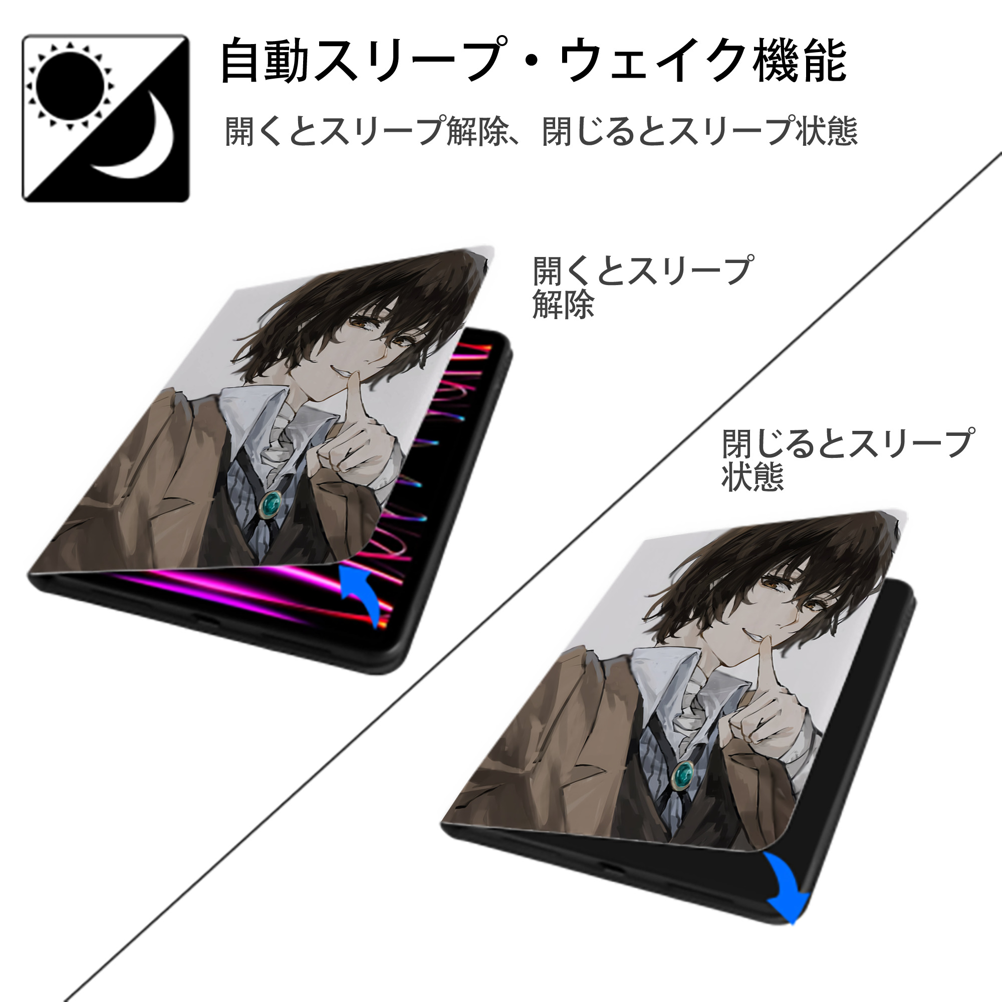 文豪ストレイドッグス Bungo Stray Dogs IPad ケース ペン収納付き 三つ折りスタンド PUレザー×シリコン 対応機種9.5/10.5/10.9インチ