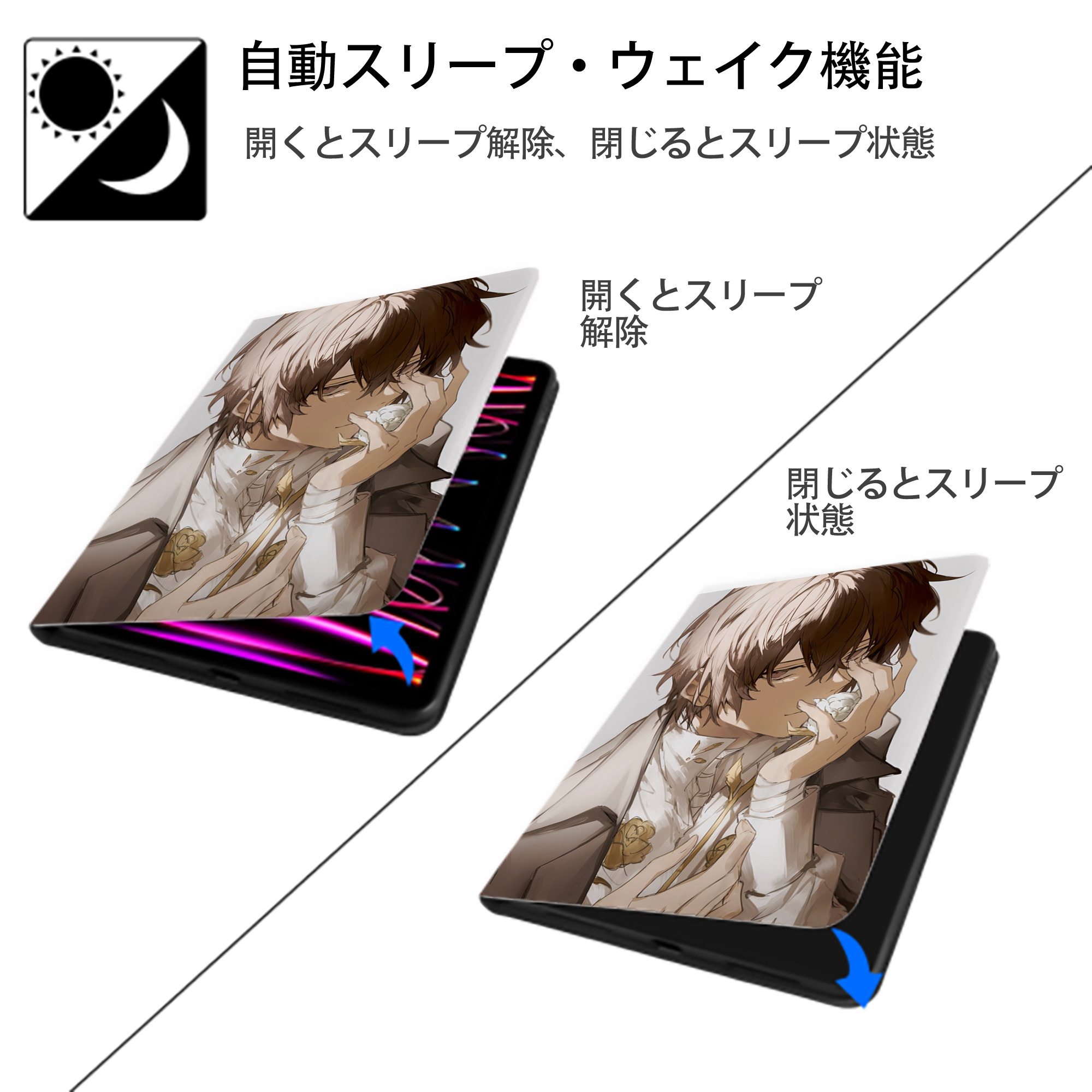 文豪ストレイドッグス Bungo Stray Dogs IPad ケース ペン収納付き 三つ折りスタンド PUレザー×シリコン 対応機種9.5/10.5/10.9インチ