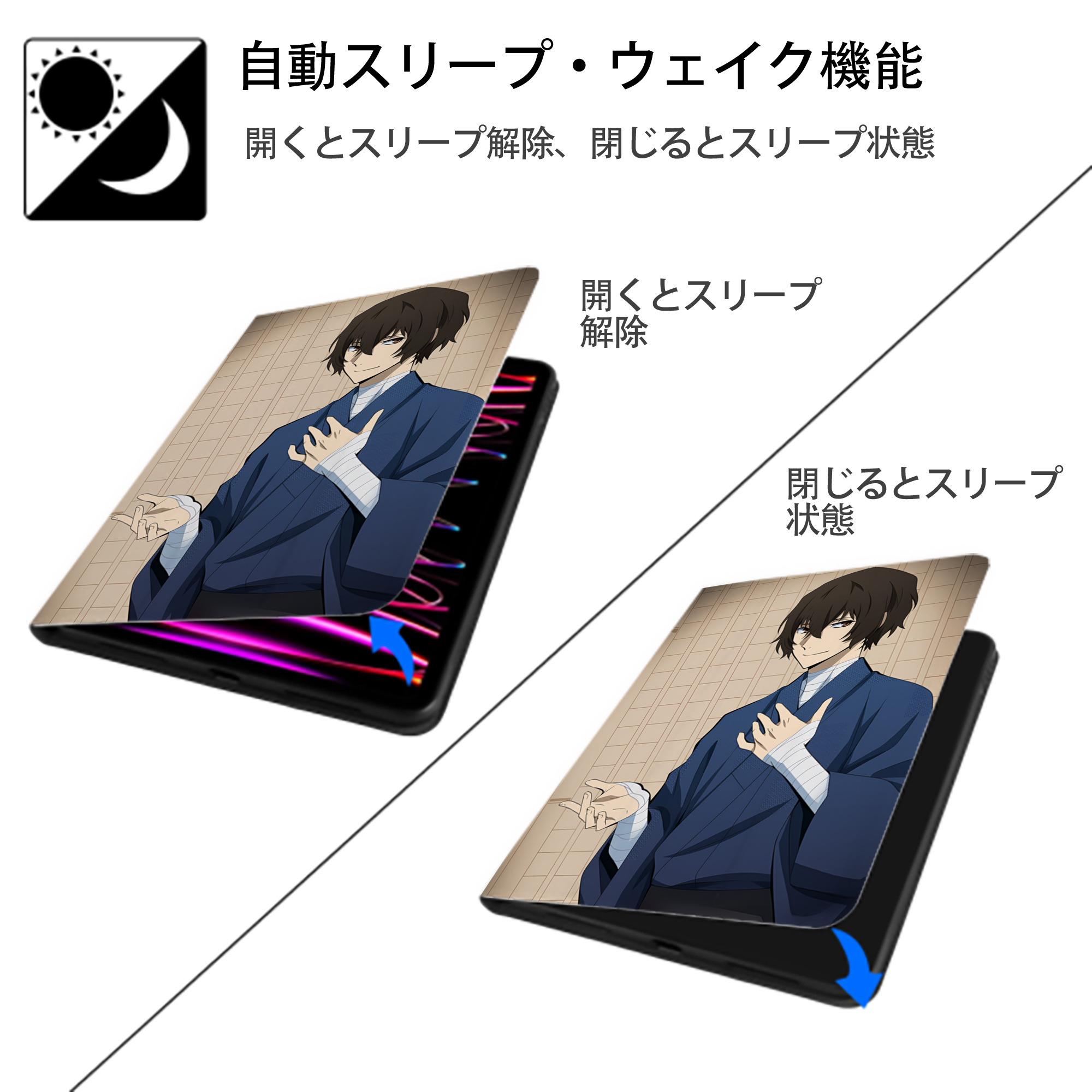 文豪ストレイドッグス Bungo Stray Dogs IPad ケース ペン収納付き 三つ折りスタンド PUレザー×シリコン 対応機種9.5/10.5/10.9インチ