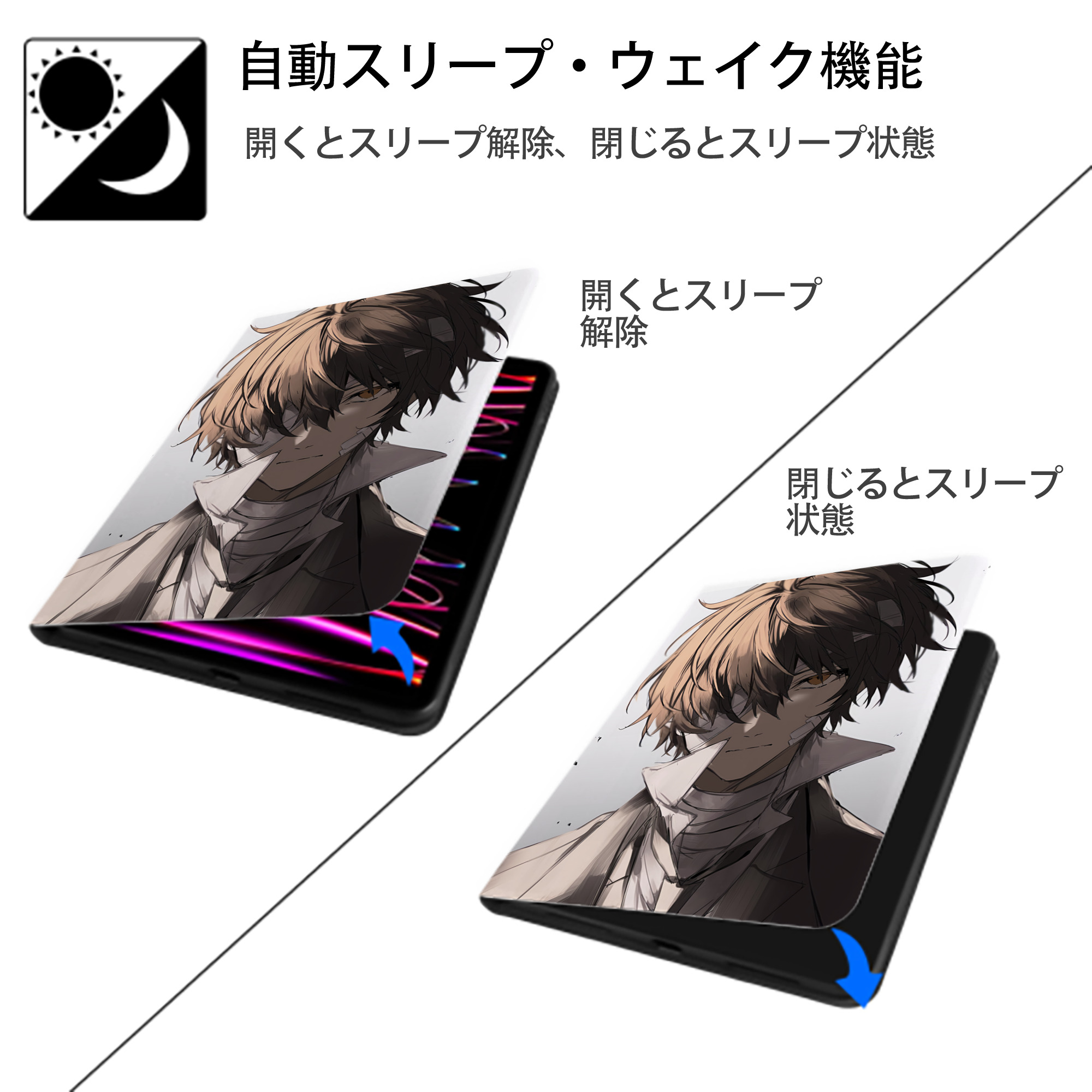 文豪ストレイドッグス Bungo Stray Dogs IPad ケース ペン収納付き 三つ折りスタンド PUレザー×シリコン 対応機種9.5/10.5/10.9インチ