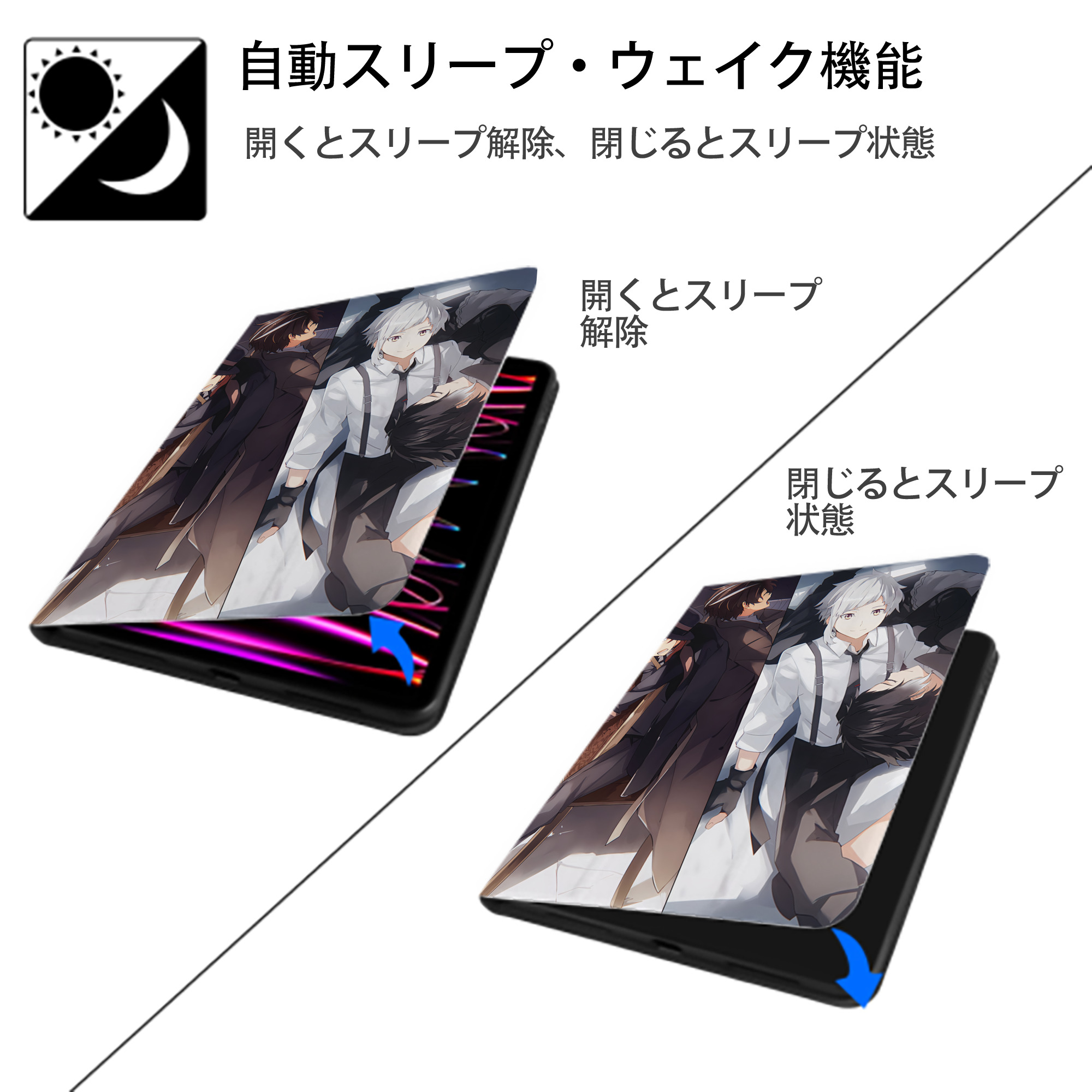 文豪ストレイドッグス Bungo Stray Dogs IPad ケース ペン収納付き 三つ折りスタンド PUレザー×シリコン 対応機種9.5/10.5/10.9インチ
