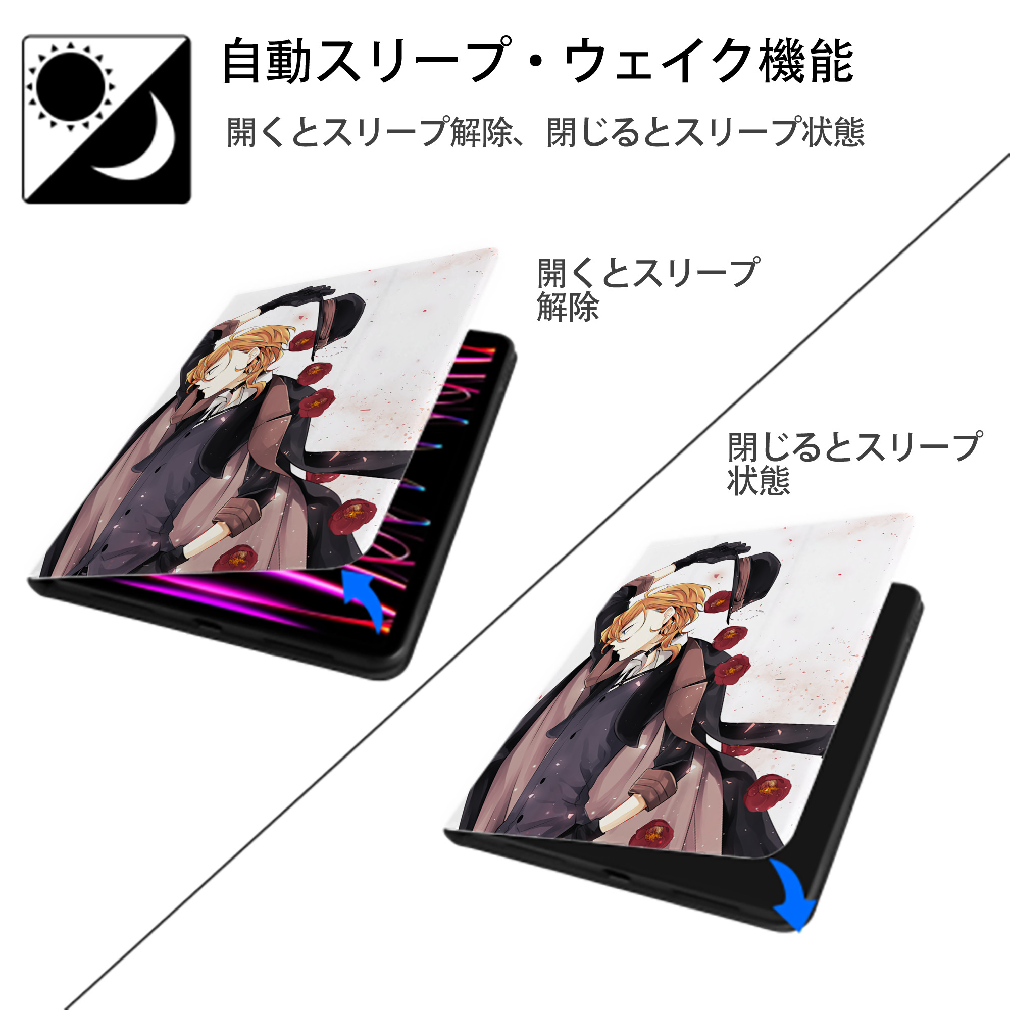 文豪ストレイドッグス Bungo Stray Dogs IPad ケース ペン収納付き 三つ折りスタンド PUレザー×シリコン 対応機種9.5/10.5/10.9インチ