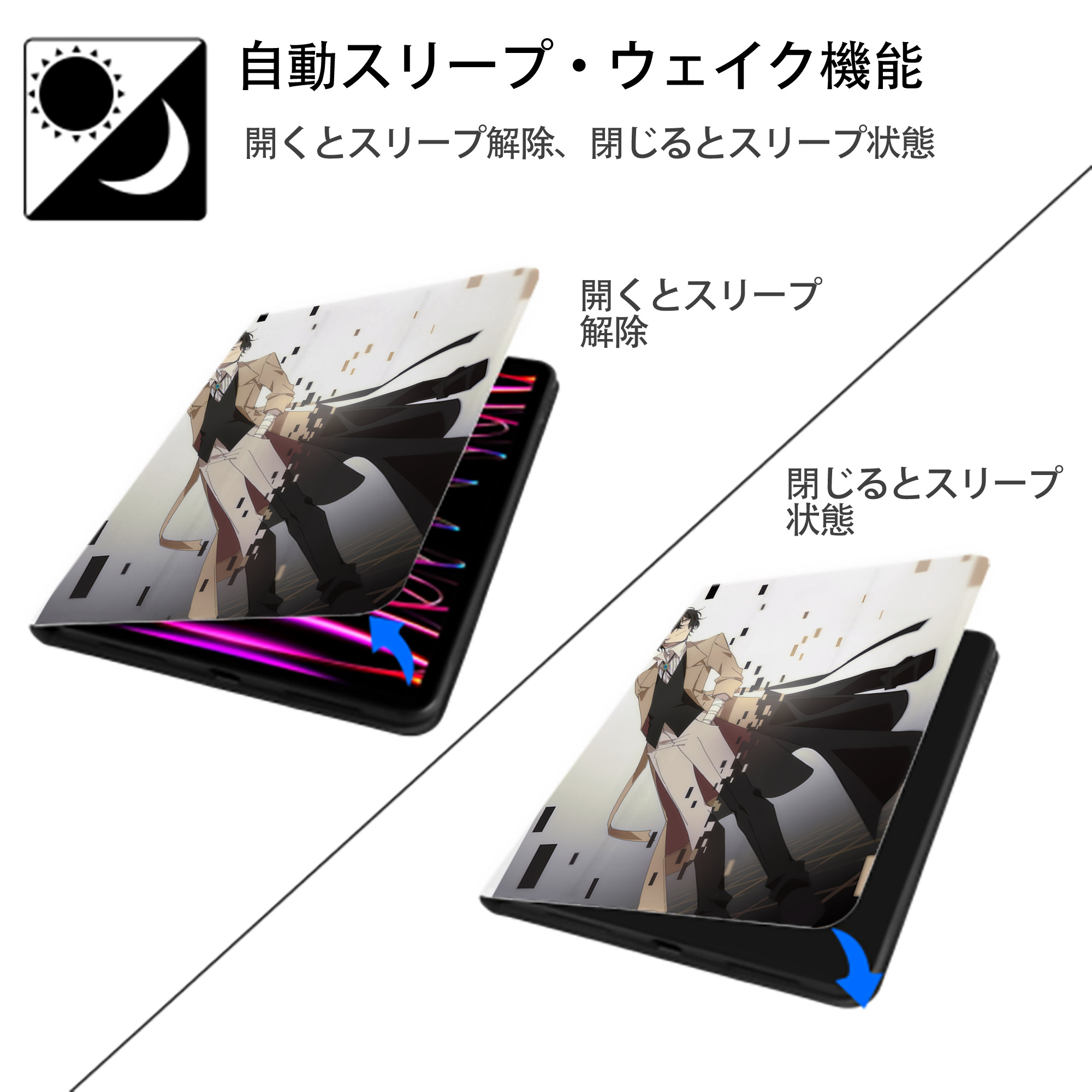 文豪ストレイドッグス Bungo Stray Dogs IPad ケース ペン収納付き 三つ折りスタンド PUレザー×シリコン 対応機種9.5/10.5/10.9インチ