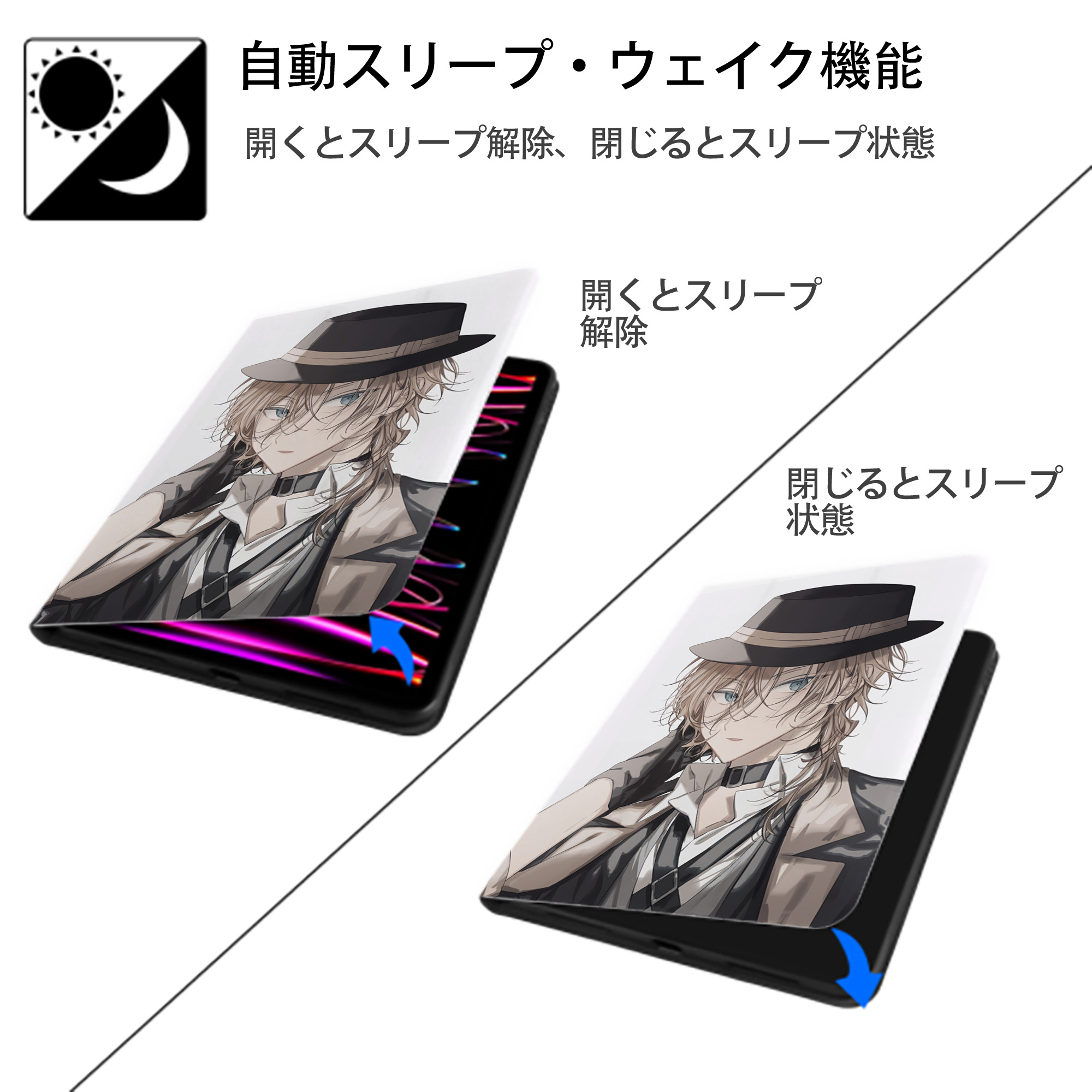 文豪ストレイドッグス Bungo Stray Dogs IPad ケース ペン収納付き 三つ折りスタンド PUレザー×シリコン 対応機種9.5/10.5/10.9インチ