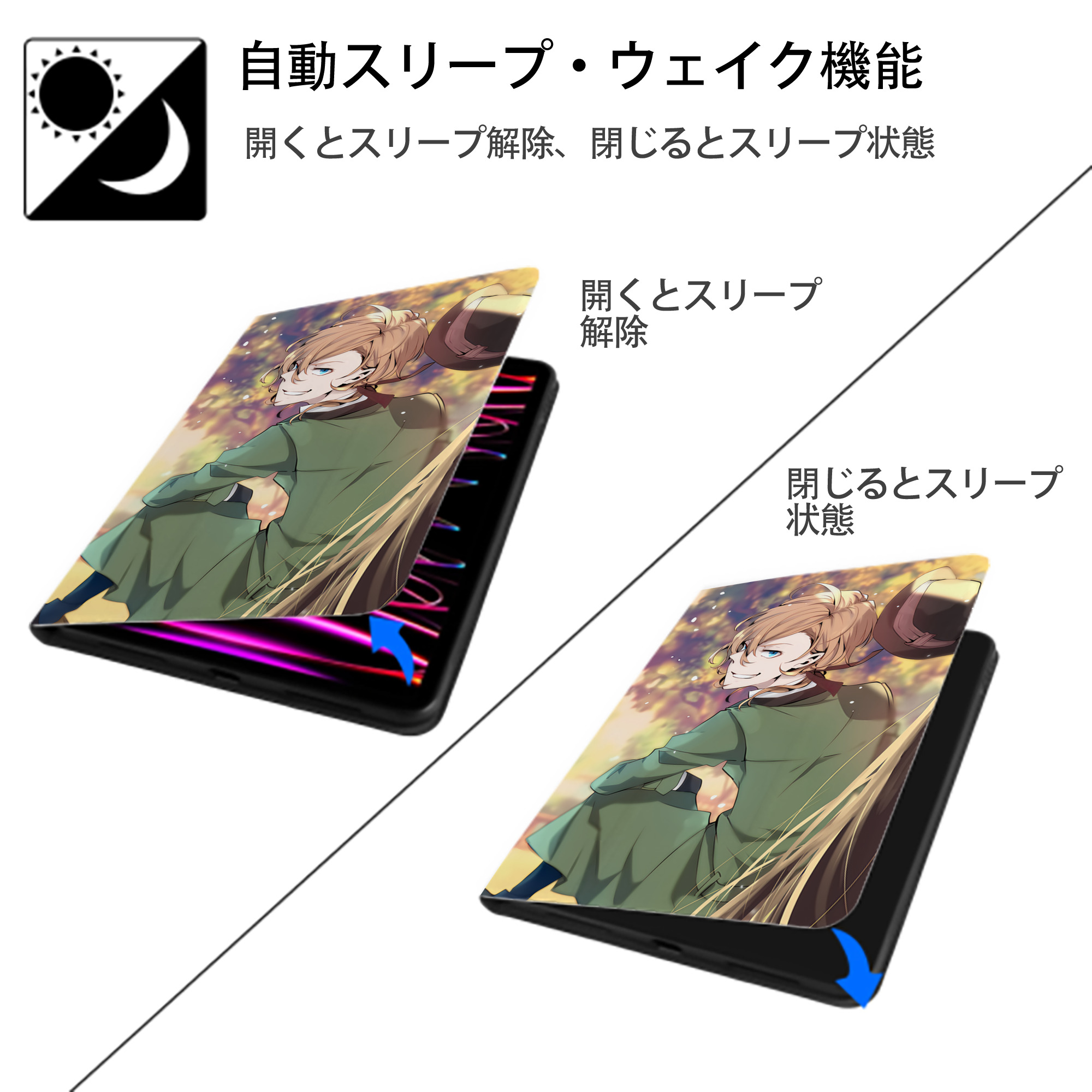 文豪ストレイドッグス Bungo Stray Dogs IPad ケース ペン収納付き 三つ折りスタンド PUレザー×シリコン 対応機種9.5/10.5/10.9インチ