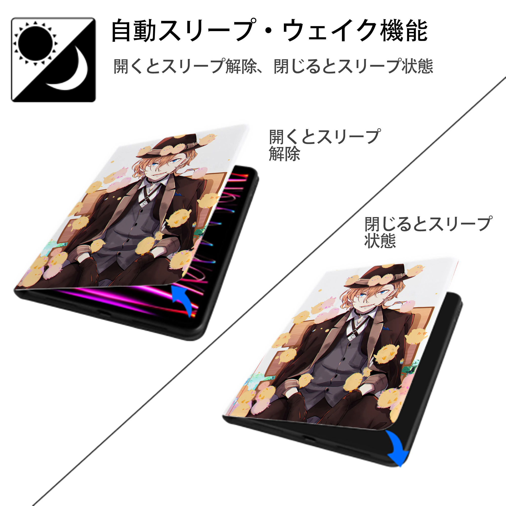文豪ストレイドッグス Bungo Stray Dogs IPad ケース ペン収納付き 三つ折りスタンド PUレザー×シリコン 対応機種9.5/10.5/10.9インチ