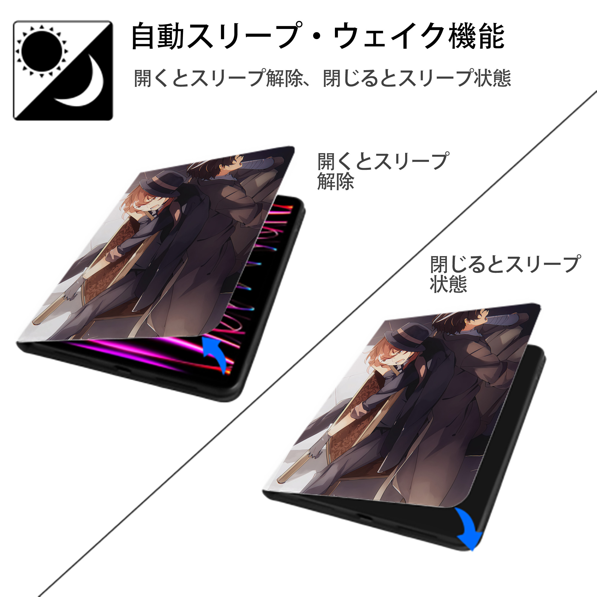 文豪ストレイドッグス Bungo Stray Dogs IPad ケース ペン収納付き 三つ折りスタンド PUレザー×シリコン 対応機種9.5/10.5/10.9インチ