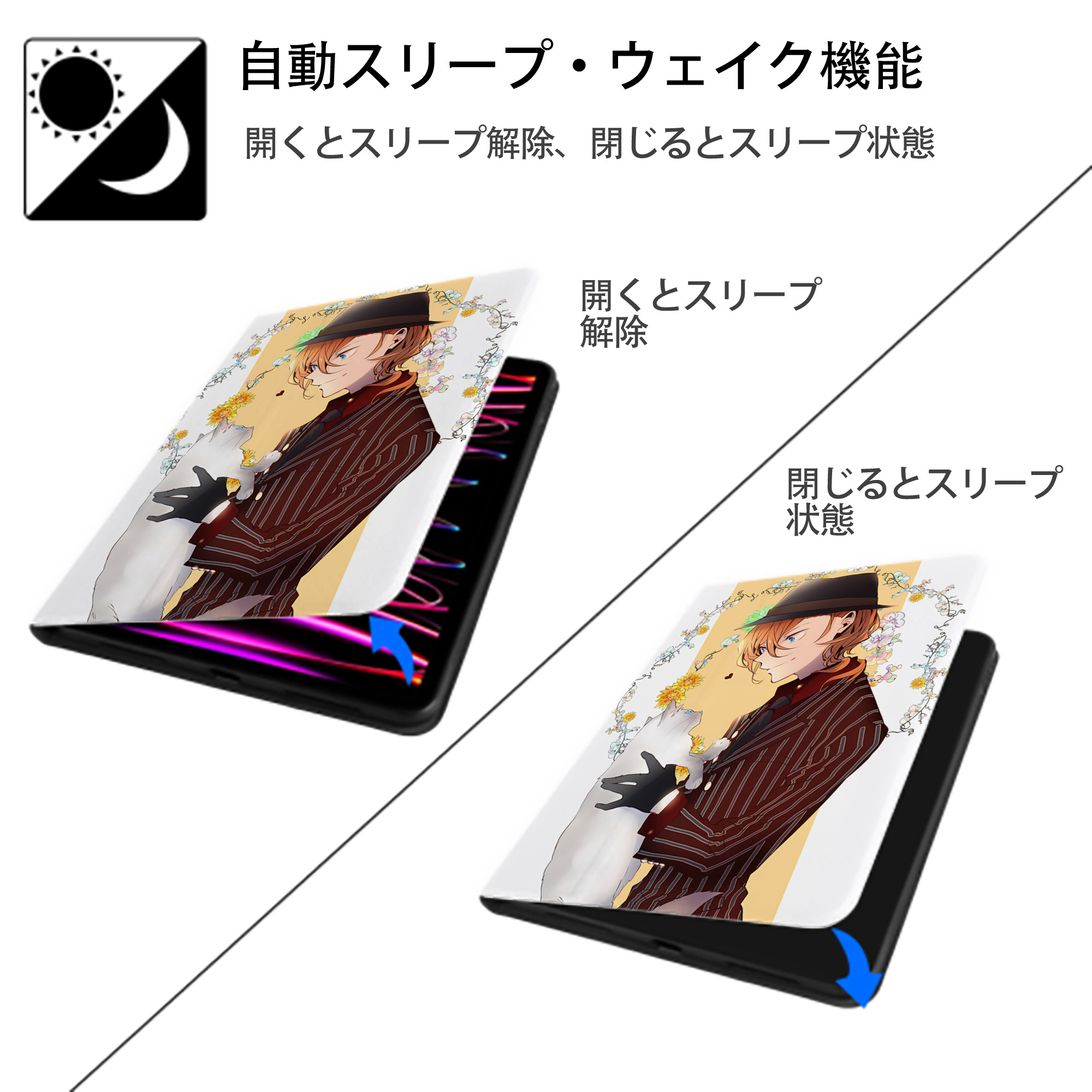 文豪ストレイドッグス Bungo Stray Dogs IPad ケース ペン収納付き 三つ折りスタンド PUレザー×シリコン 対応機種9.5/10.5/10.9インチ