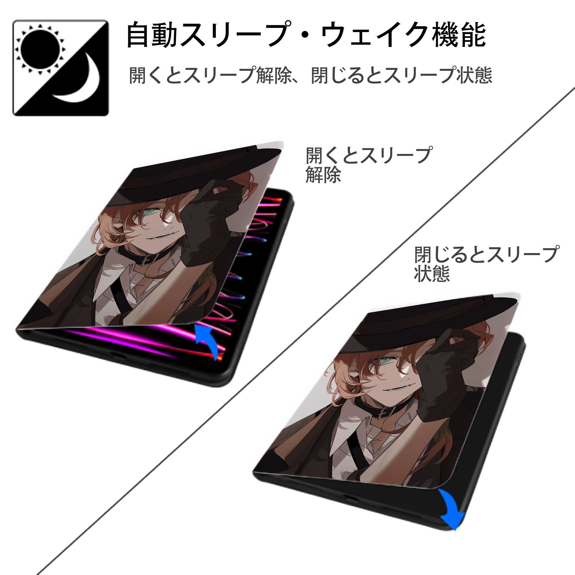 文豪ストレイドッグス Bungo Stray Dogs IPad ケース ペン収納付き 三つ折りスタンド PUレザー×シリコン 対応機種9.5/10.5/10.9インチ