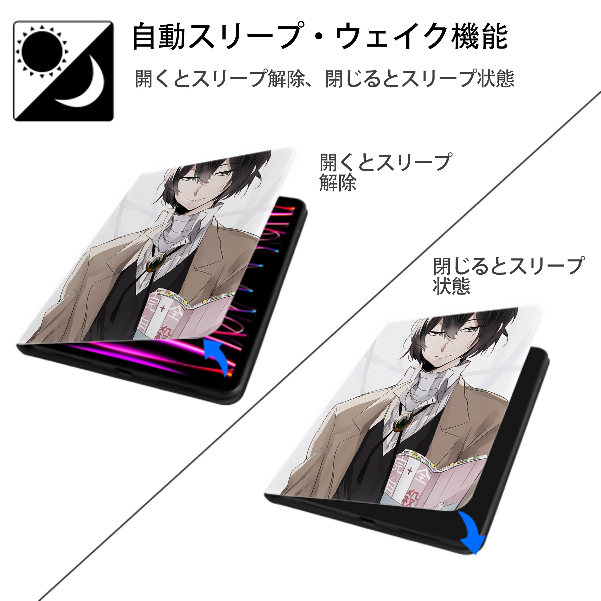 文豪ストレイドッグス Bungo Stray Dogs IPad ケース ペン収納付き 三つ折りスタンド PUレザー×シリコン 対応機種9.5/10.5/10.9インチ