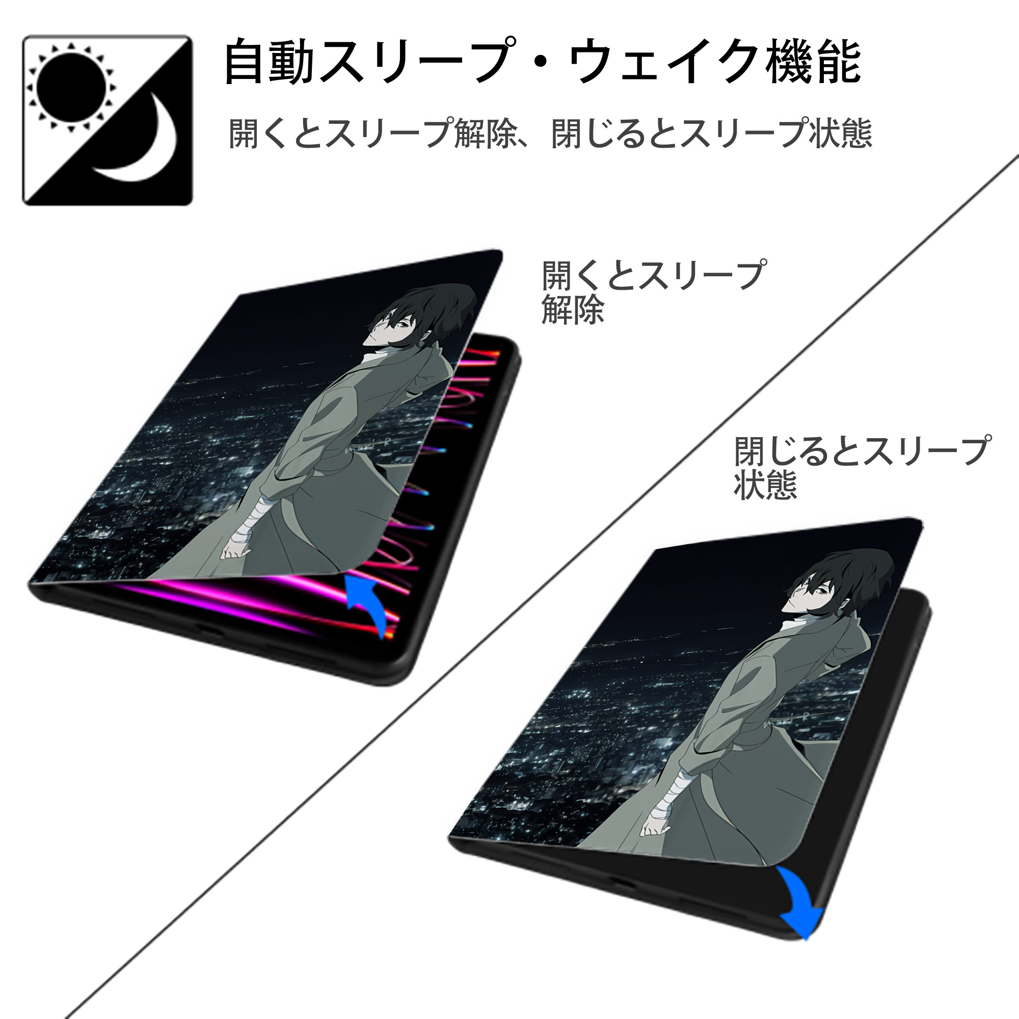文豪ストレイドッグス Bungo Stray Dogs IPad ケース ペン収納付き 三つ折りスタンド PUレザー×シリコン 対応機種9.5/10.5/10.9インチ
