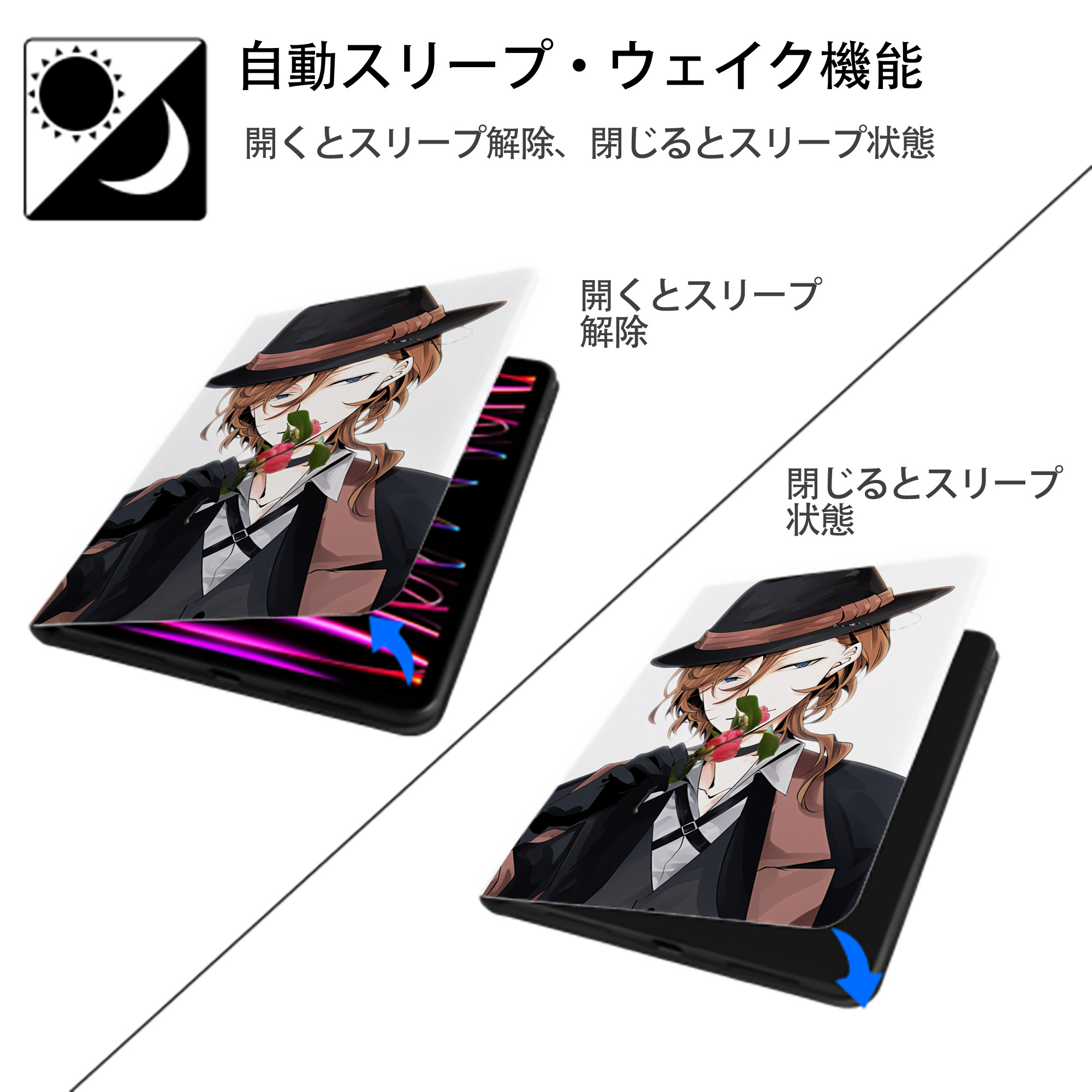 文豪ストレイドッグス Bungo Stray Dogs IPad ケース ペン収納付き 三つ折りスタンド PUレザー×シリコン 対応機種9.5/10.5/10.9インチ