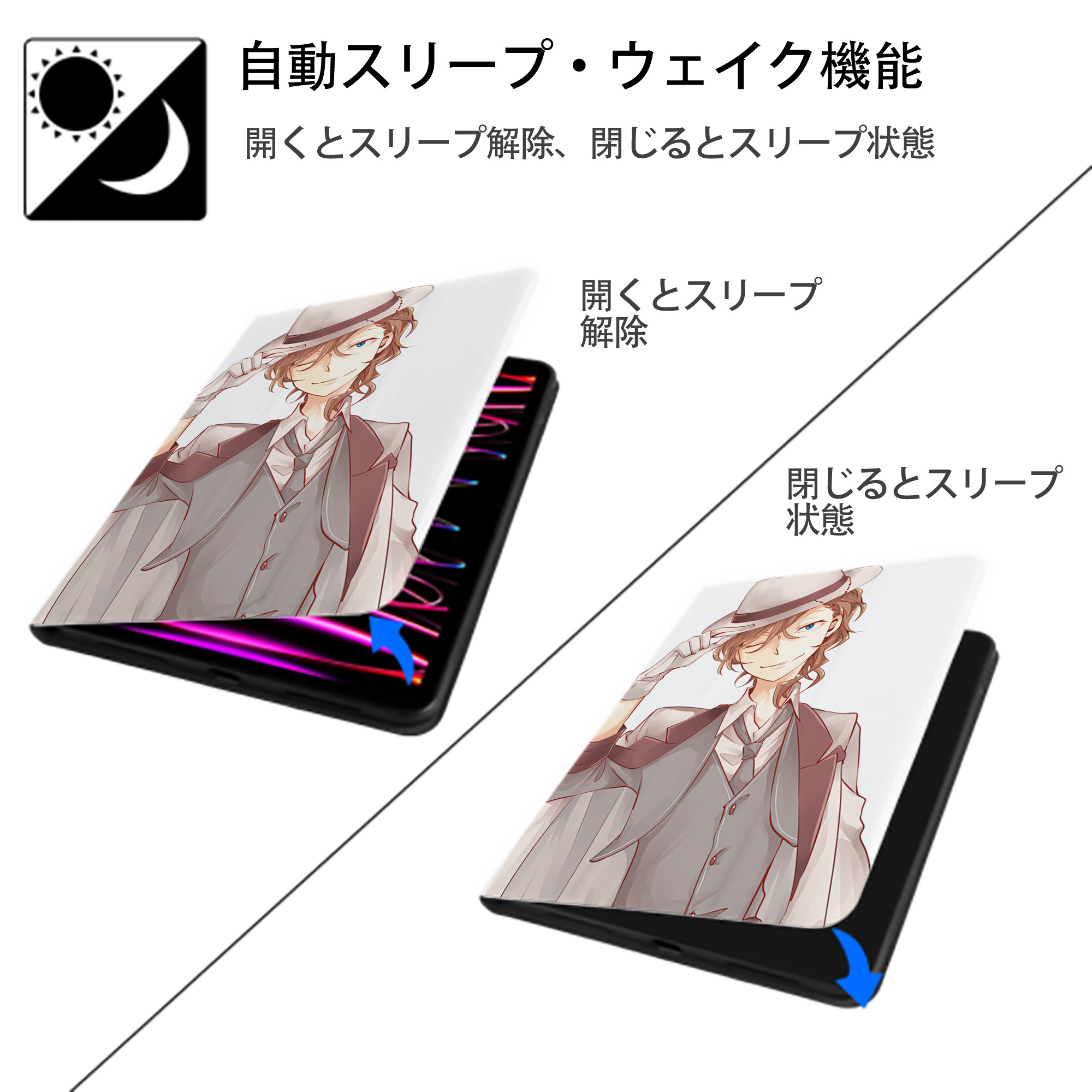 文豪ストレイドッグス Bungo Stray Dogs IPad ケース ペン収納付き 三つ折りスタンド PUレザー×シリコン 対応機種9.5/10.5/10.9インチ