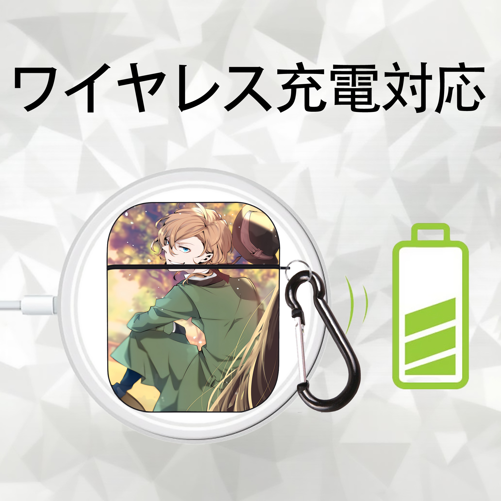 文豪ストレイドッグス Bungo Stray Dogs AirPods 第2世代保護ケース ハードシェル ブラック 耐衝撃・防指紋・カラビナ付き