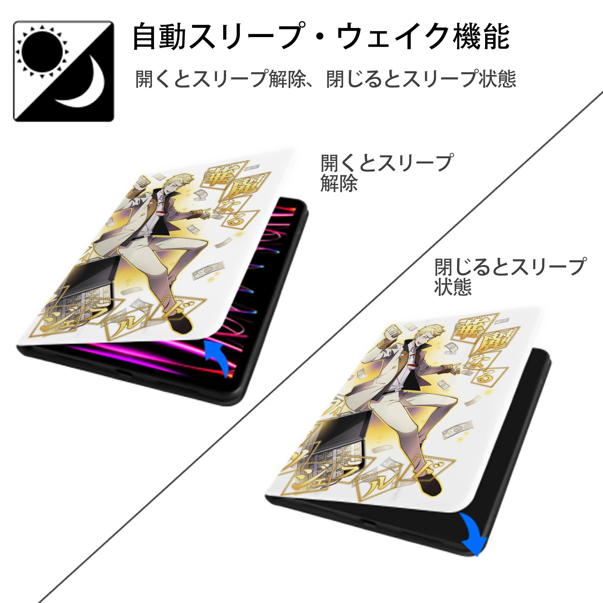 文豪ストレイドッグス Bungo Stray Dogs IPad ケース ペン収納付き 三つ折りスタンド PUレザー×シリコン 対応機種9.5/10.5/10.9インチ