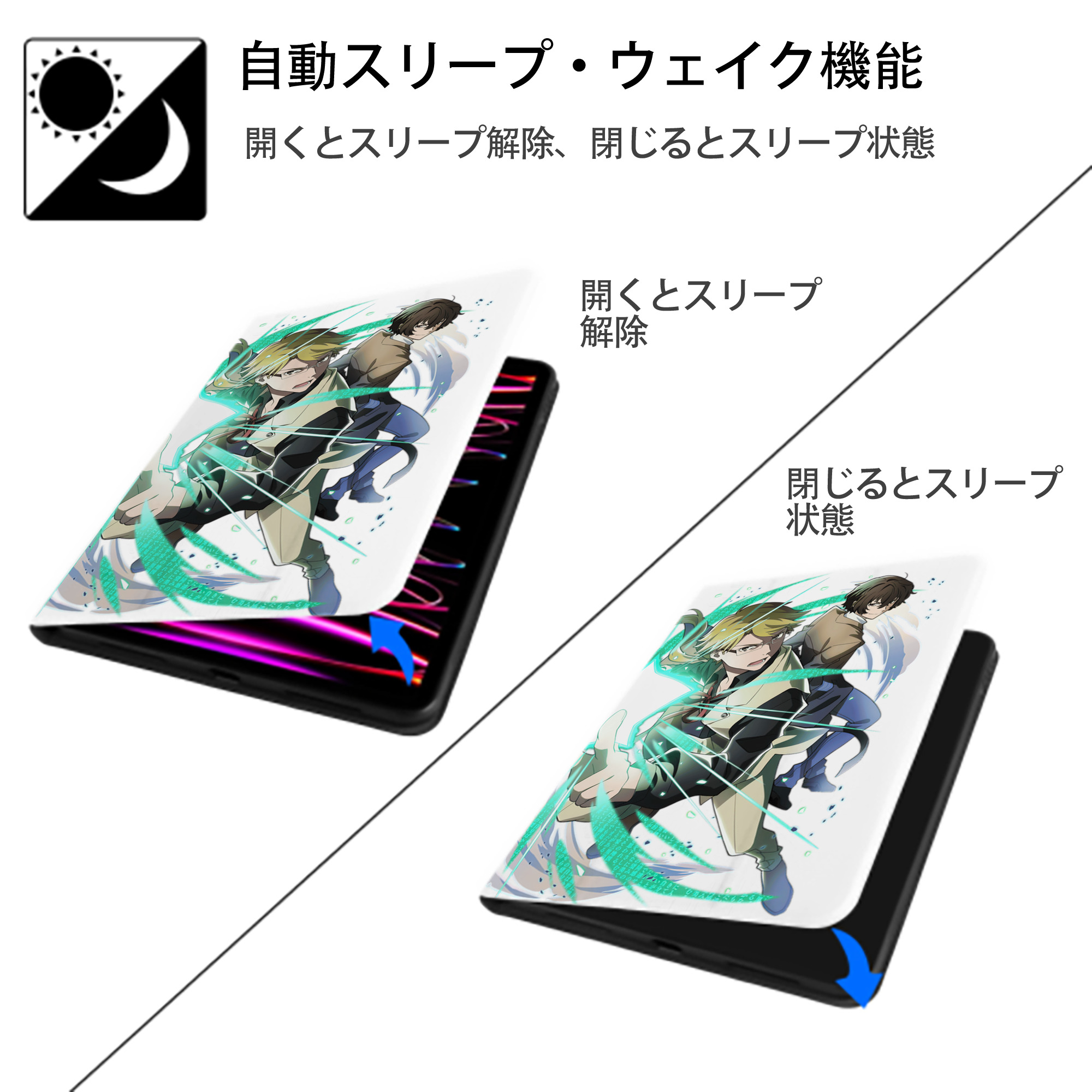 文豪ストレイドッグス Bungo Stray Dogs IPad ケース ペン収納付き 三つ折りスタンド PUレザー×シリコン 対応機種9.5/10.5/10.9インチ