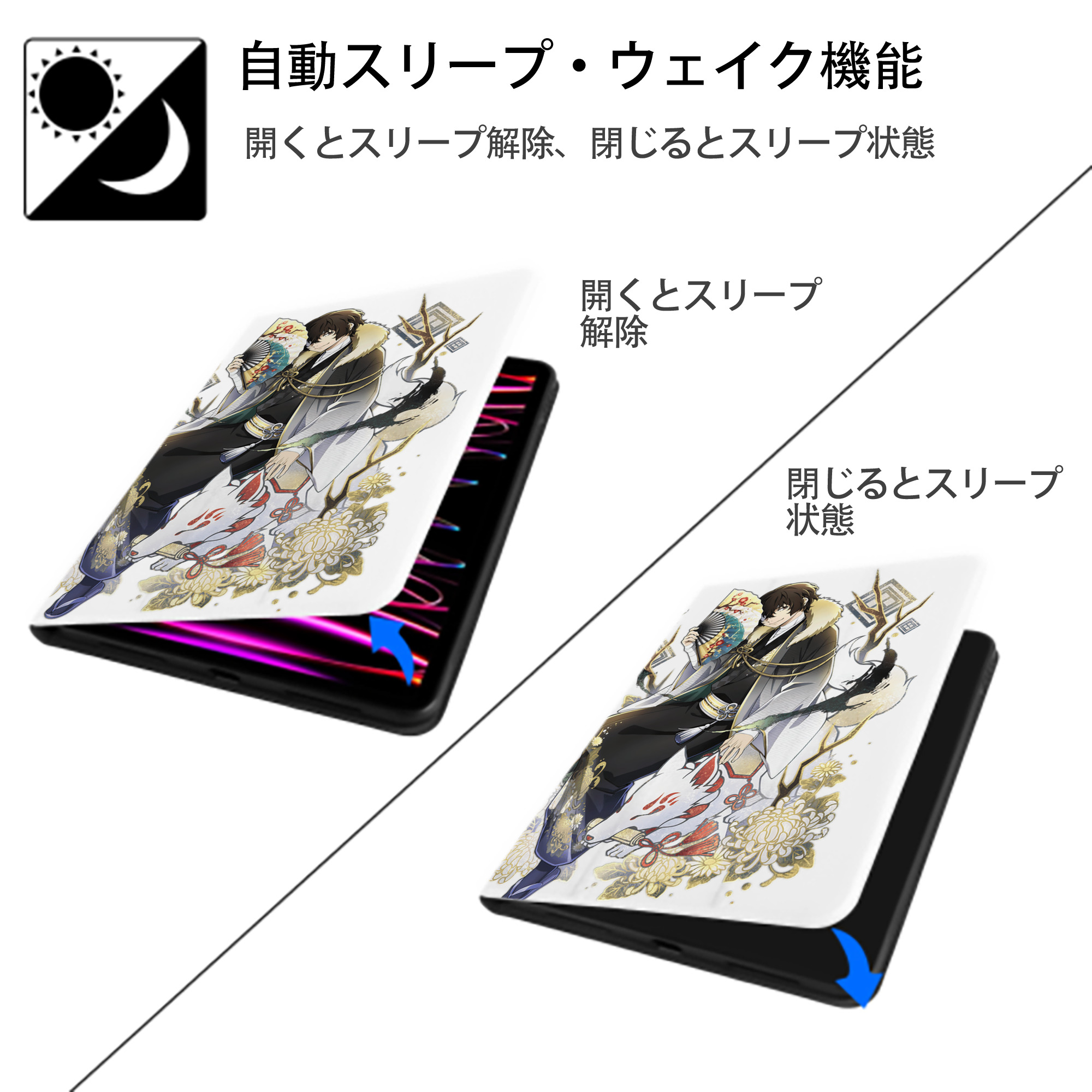 文豪ストレイドッグス Bungo Stray Dogs IPad ケース ペン収納付き 三つ折りスタンド PUレザー×シリコン 対応機種9.5/10.5/10.9インチ