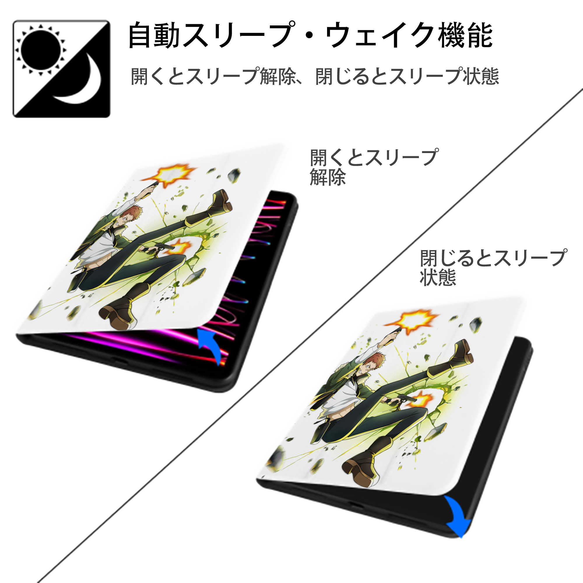 文豪ストレイドッグス Bungo Stray Dogs IPad ケース ペン収納付き 三つ折りスタンド PUレザー×シリコン 対応機種9.5/10.5/10.9インチ