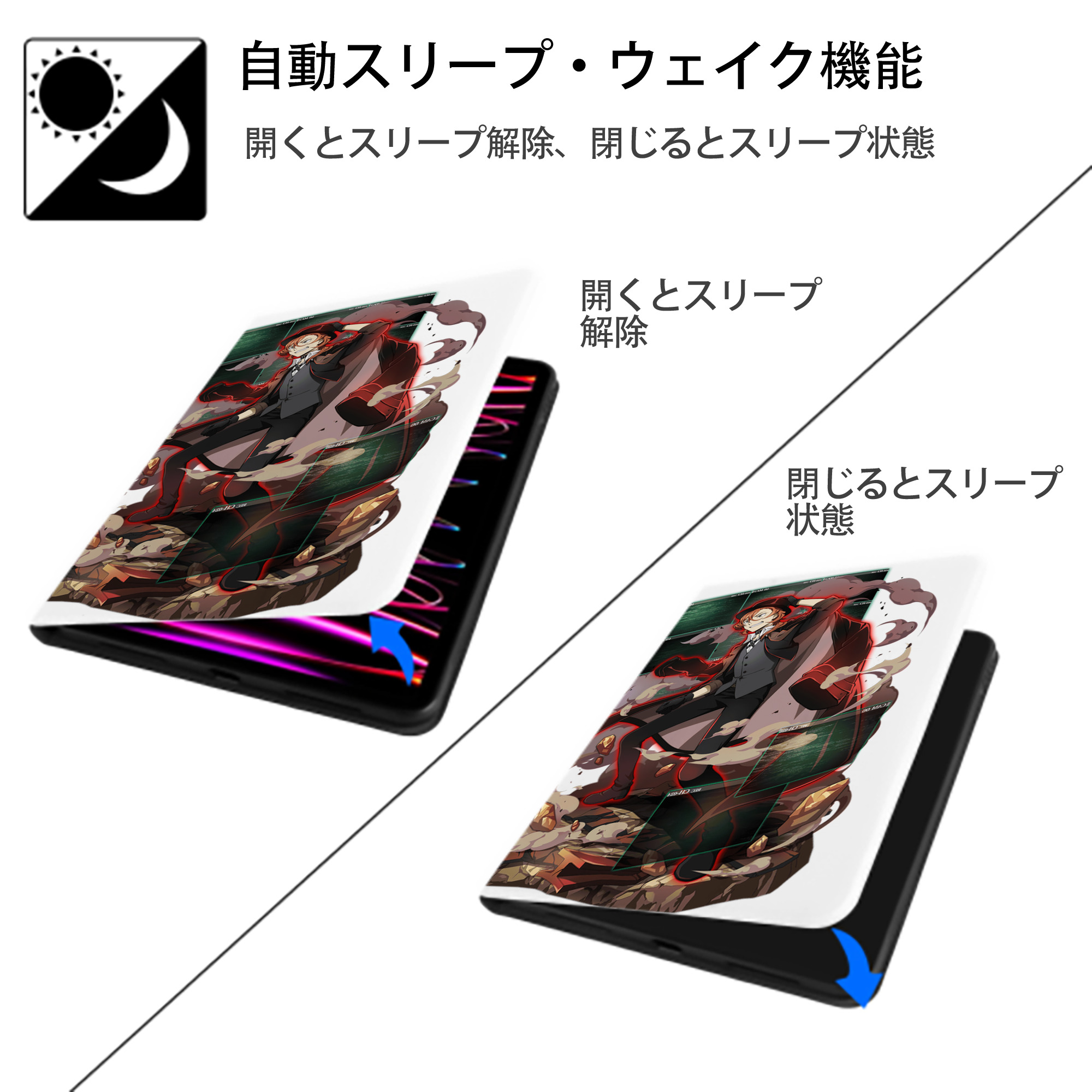 文豪ストレイドッグス Bungo Stray Dogs IPad ケース ペン収納付き 三つ折りスタンド PUレザー×シリコン 対応機種9.5/10.5/10.9インチ