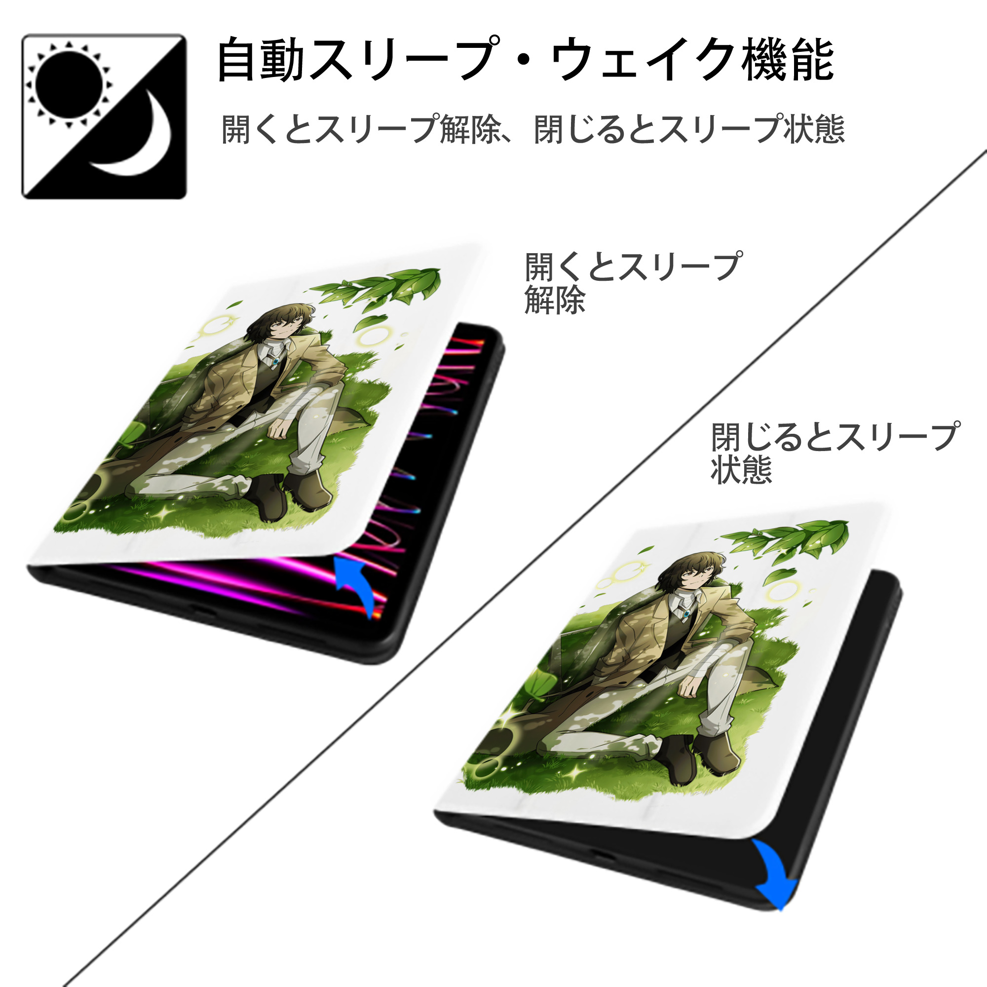 文豪ストレイドッグス Bungo Stray Dogs IPad ケース ペン収納付き 三つ折りスタンド PUレザー×シリコン 対応機種9.5/10.5/10.9インチ