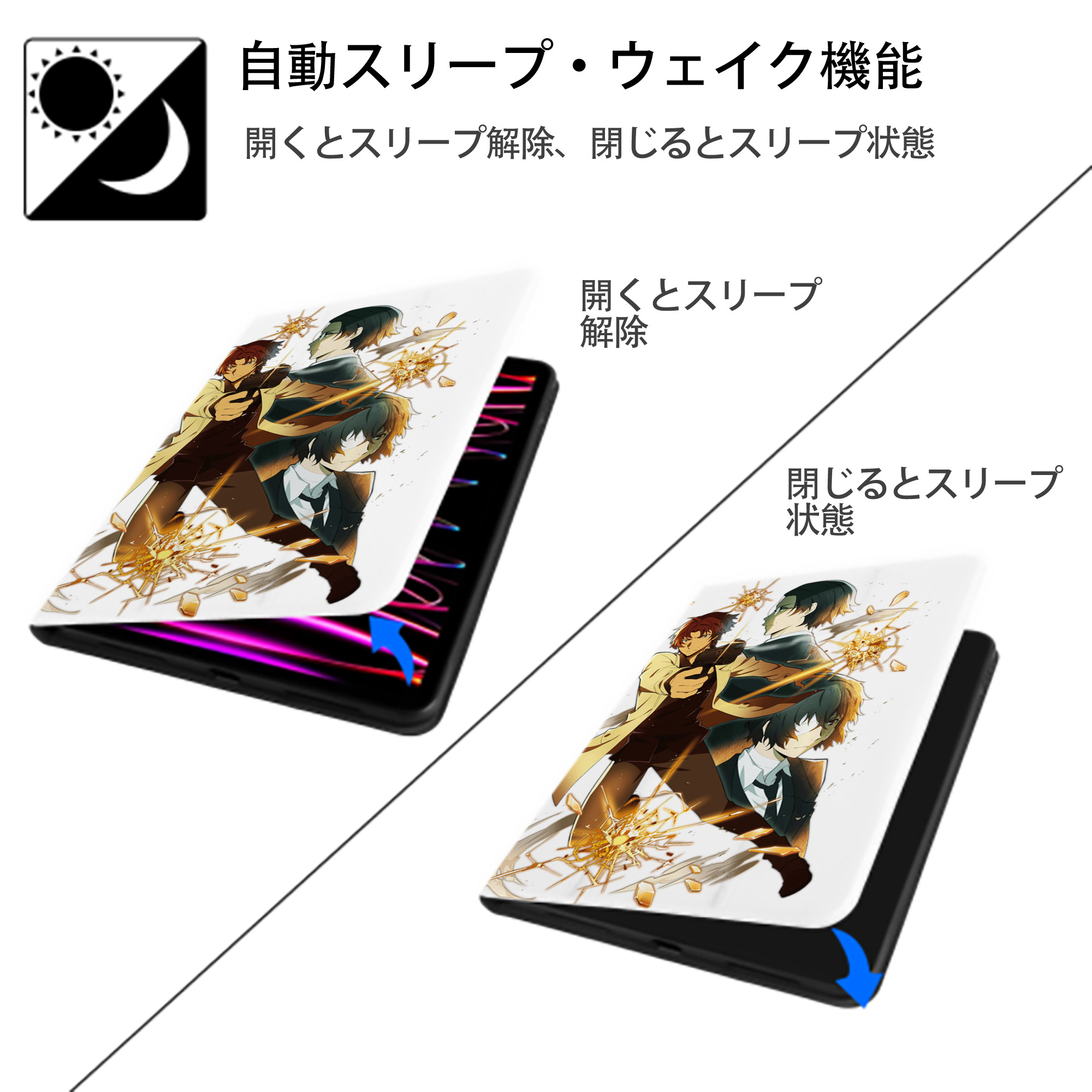 文豪ストレイドッグス Bungo Stray Dogs IPad ケース ペン収納付き 三つ折りスタンド PUレザー×シリコン 対応機種9.5/10.5/10.9インチ