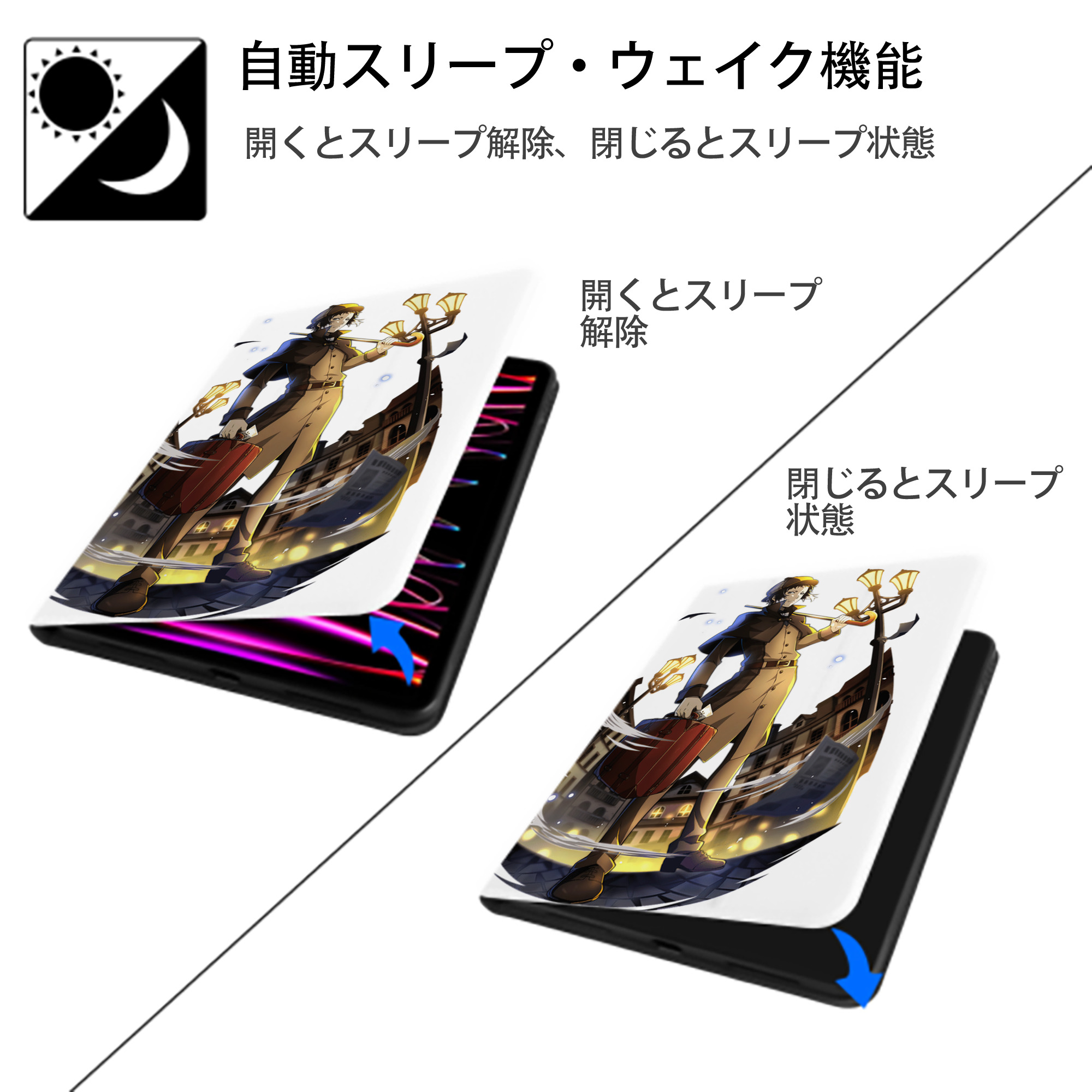 文豪ストレイドッグス Bungo Stray Dogs IPad ケース ペン収納付き 三つ折りスタンド PUレザー×シリコン 対応機種9.5/10.5/10.9インチ