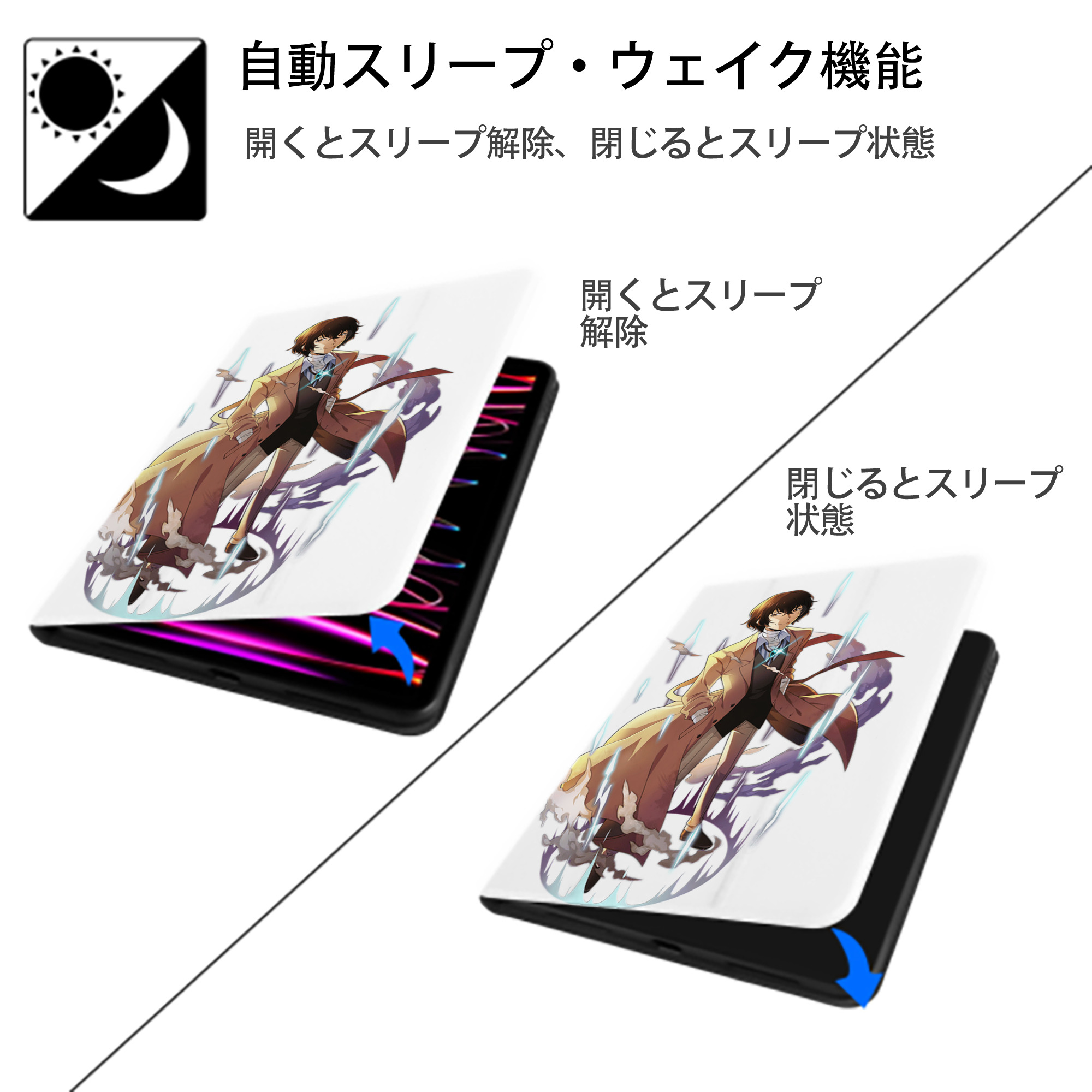 文豪ストレイドッグス Bungo Stray Dogs IPad ケース ペン収納付き 三つ折りスタンド PUレザー×シリコン 対応機種9.5/10.5/10.9インチ