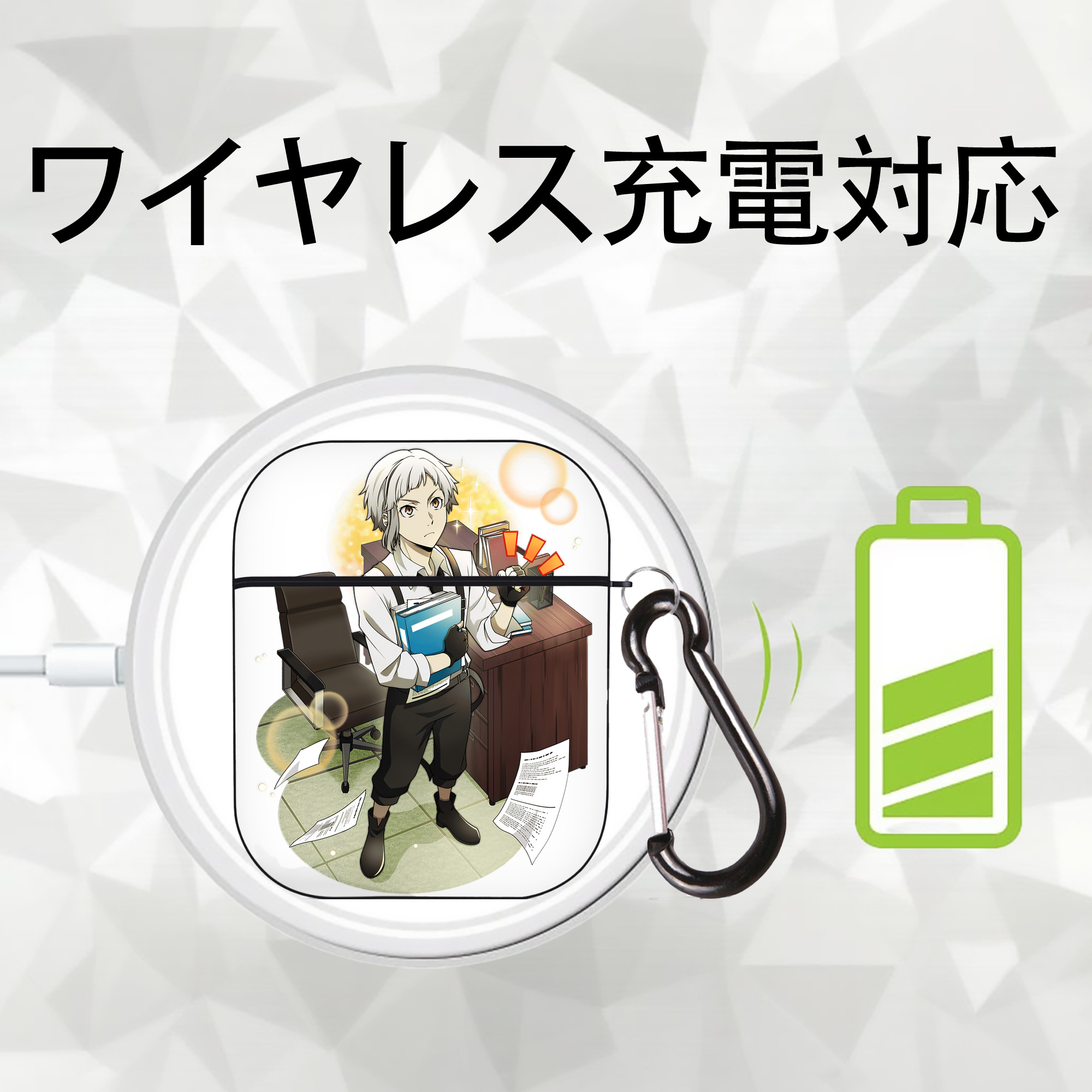 文豪ストレイドッグス Bungo Stray Dogs AirPods 第2世代保護ケース ハードシェル ブラック 耐衝撃・防指紋・カラビナ付き