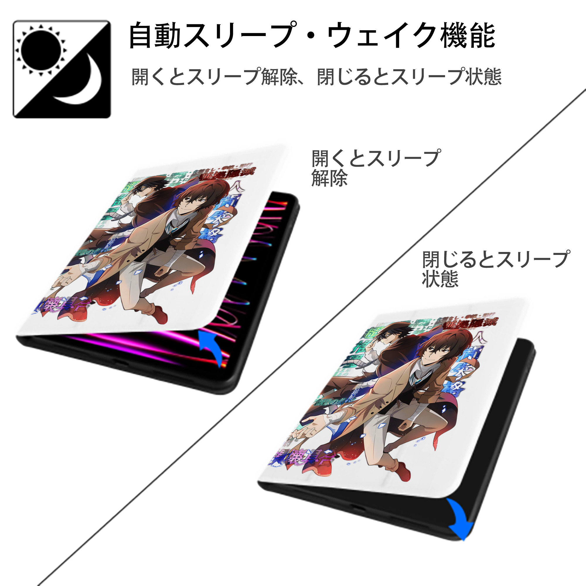 文豪ストレイドッグス Bungo Stray Dogs IPad ケース ペン収納付き 三つ折りスタンド PUレザー×シリコン 対応機種9.5/10.5/10.9インチ